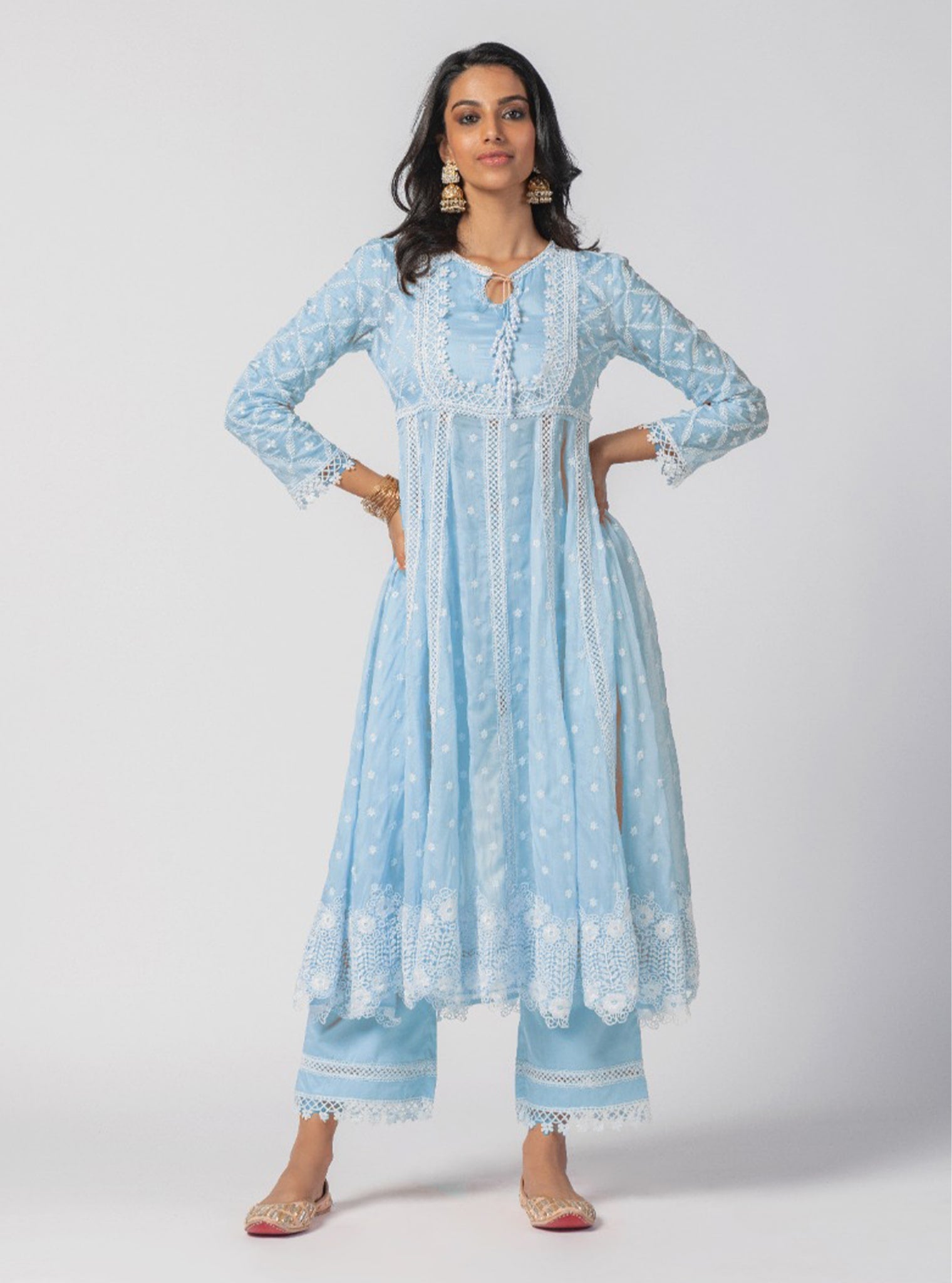 Mulmul Organza Valerie Anarkali Blue Kurta With Supima Cotton Valerie Blue Pant