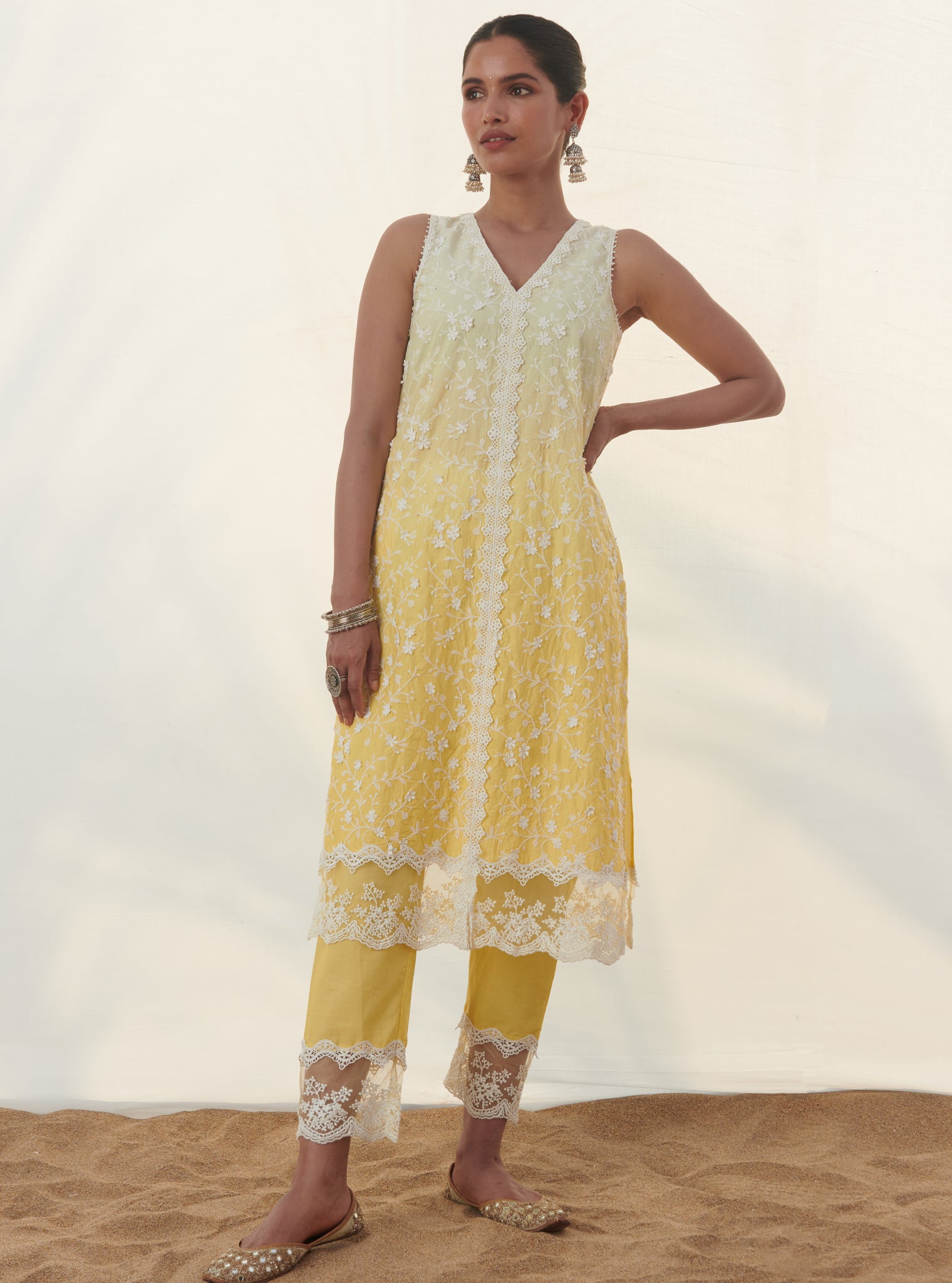 Mulmul Cotton Zuari Yellow Kurta With Zuari Yellow Pant