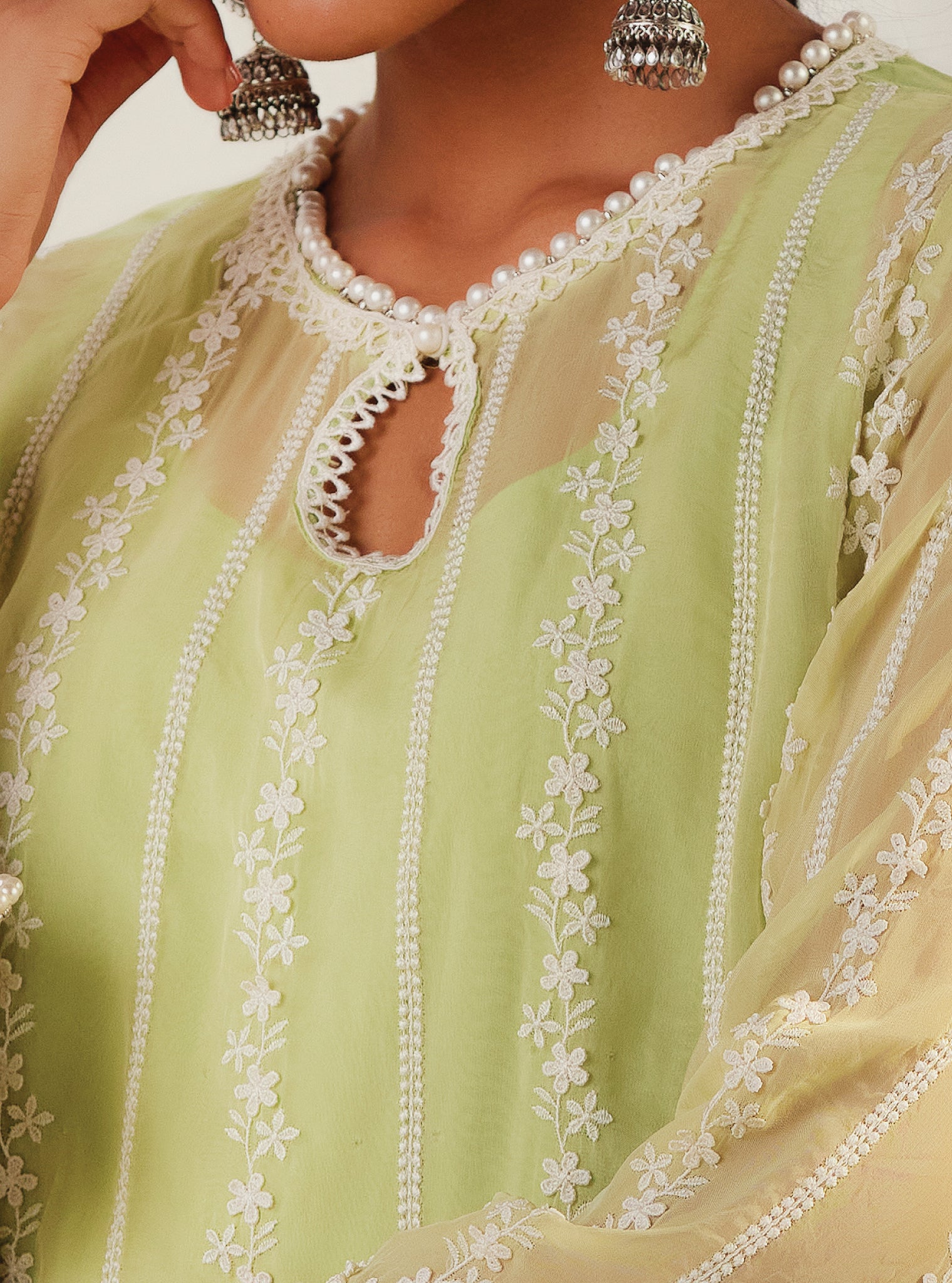 Mulmul Organza Zella Green Kurta With Cotton Zella Green Pant