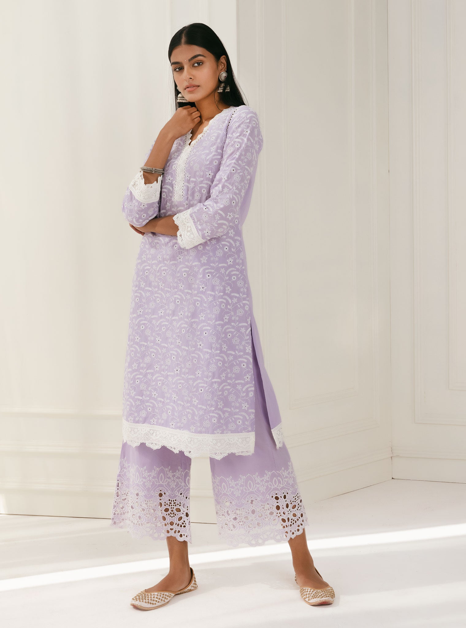 Mulmul Cotton Ziro Lilac Kurta With Ziro Lilac Pant