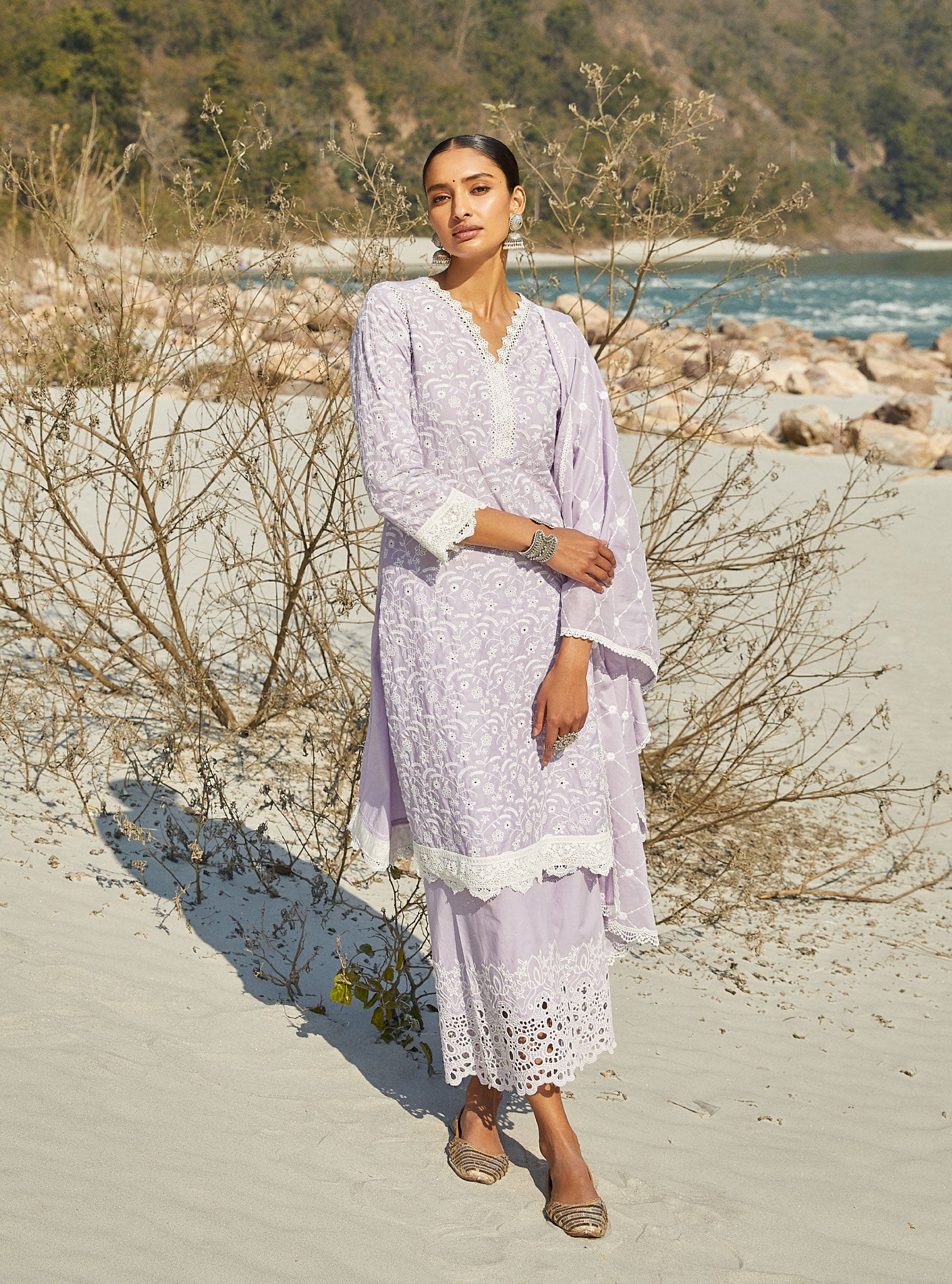 Mulmul Cotton Ziro Lilac Kurta With Ziro Lilac Pant