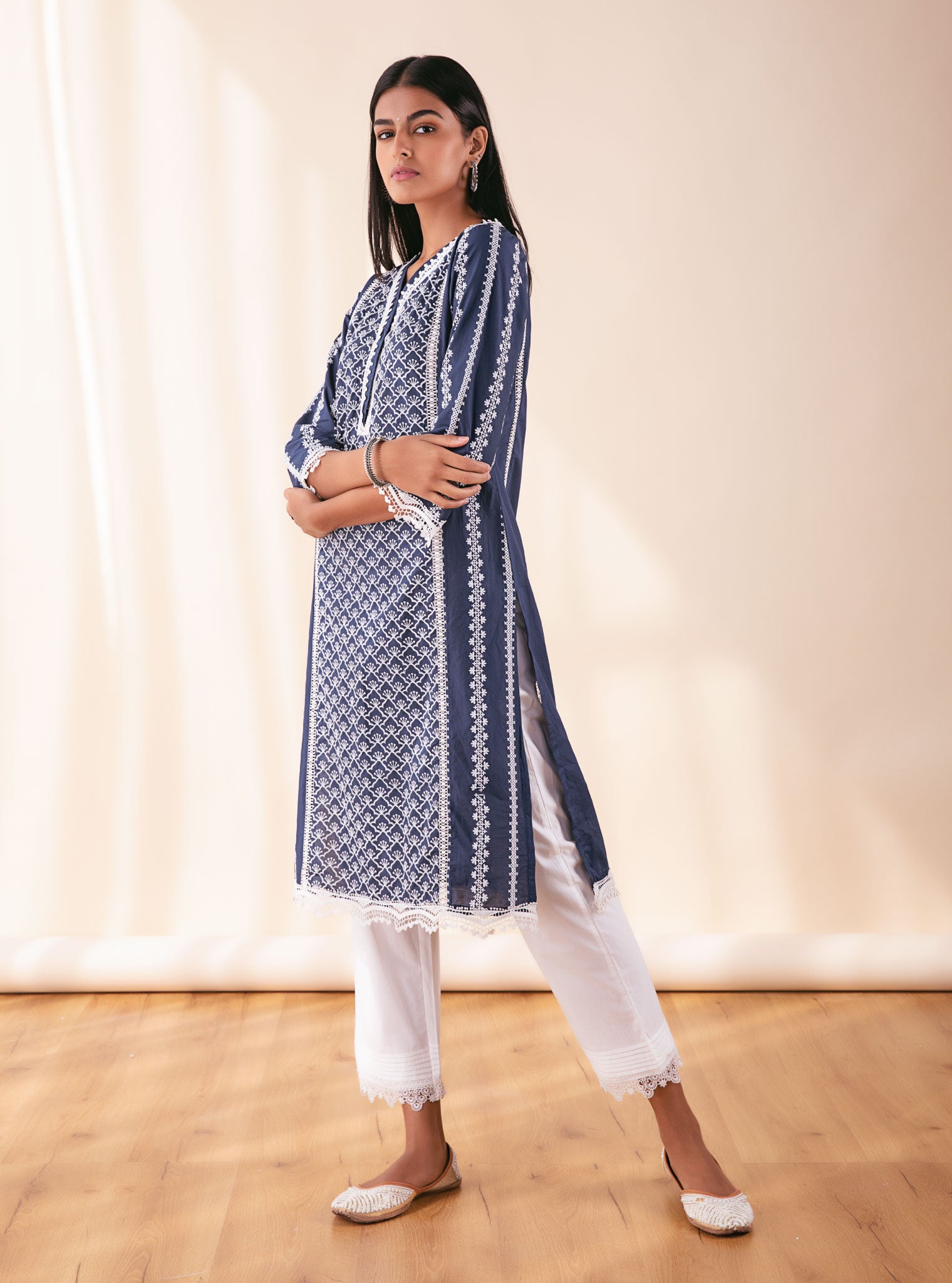 Mulmul Cotton Zora Navy Kurta With Thin Pintuck Pyajama