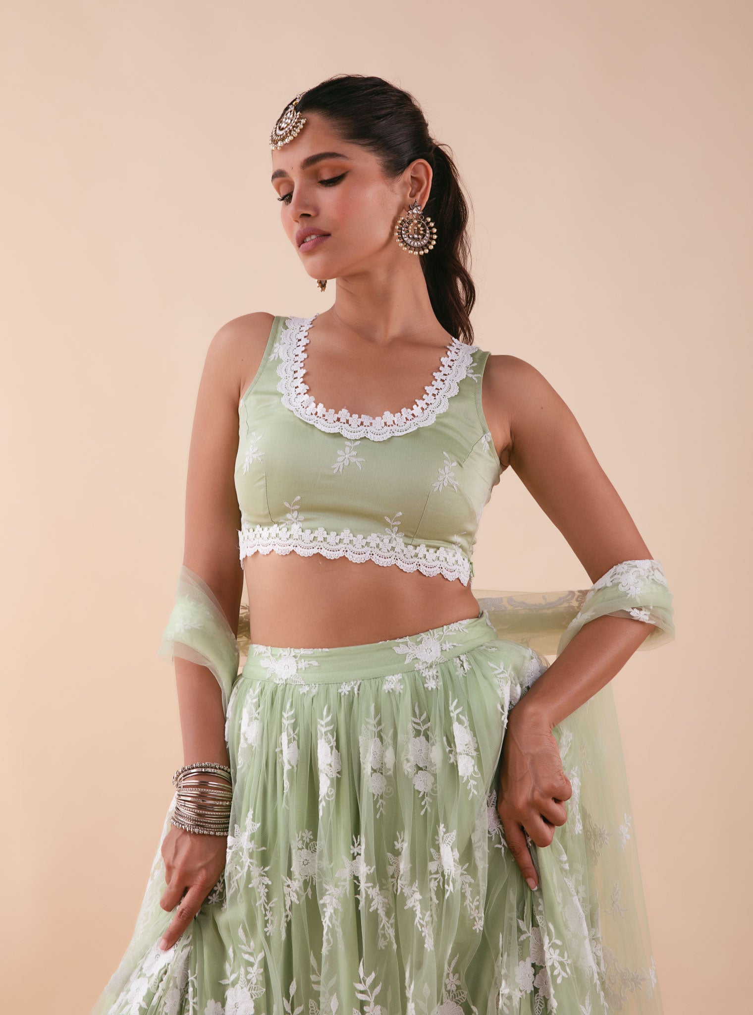 Mulmul Almora Green Net Lehenga