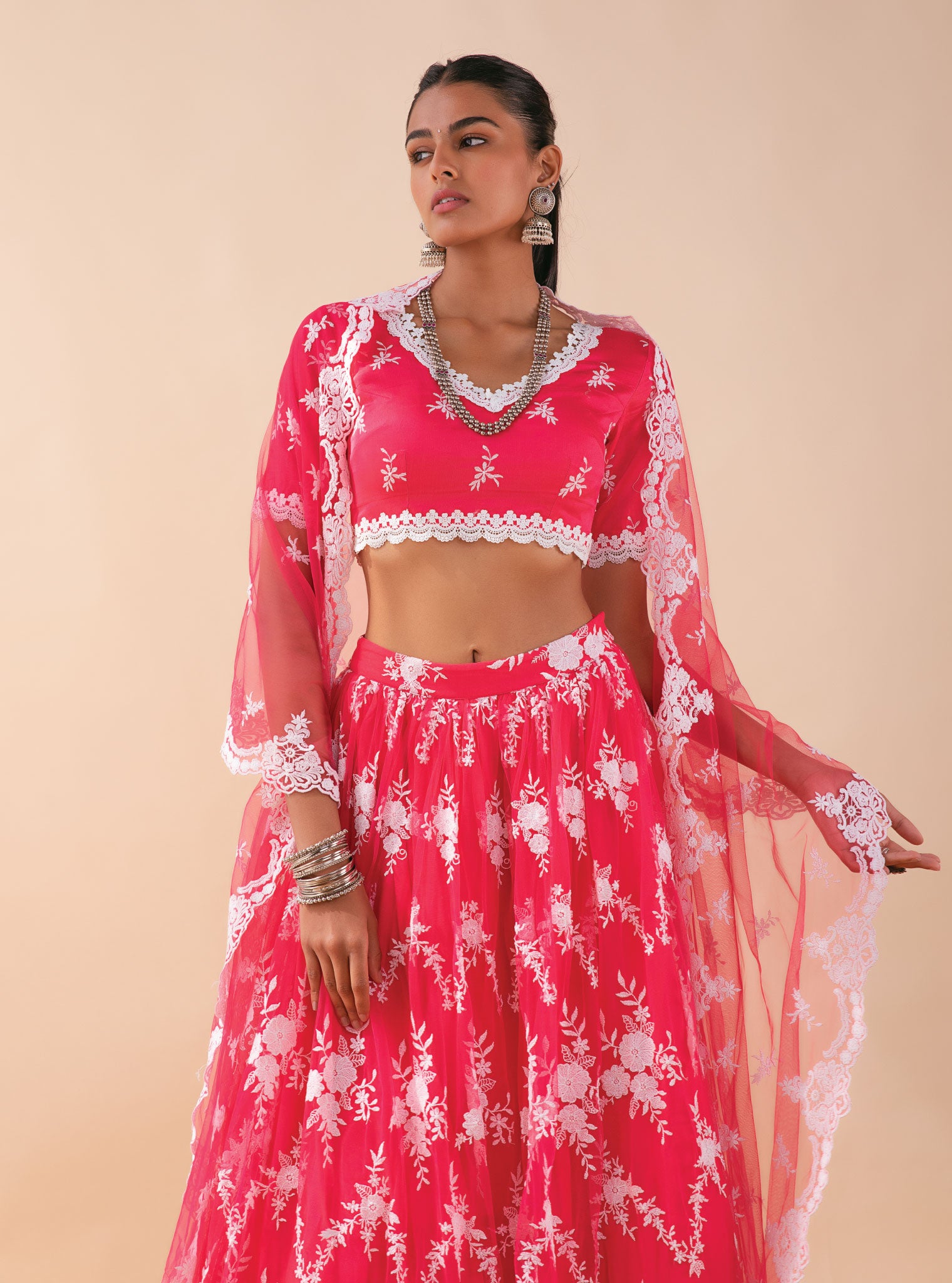 Mulmul Almora Red Net Lehenga