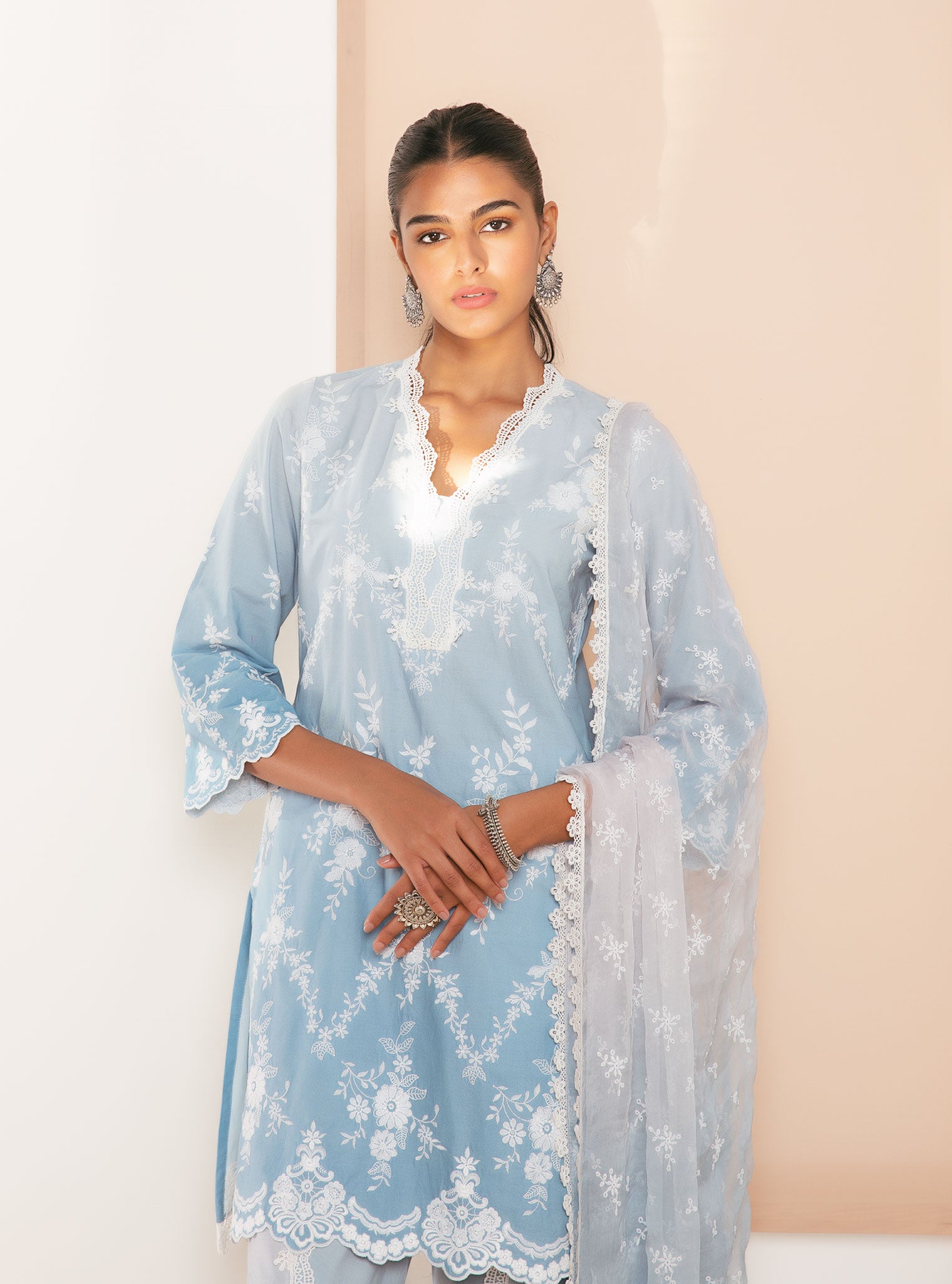 Mulmul Cotton Atrai Blue Kurta With Atrai Blue Dhoti Pant