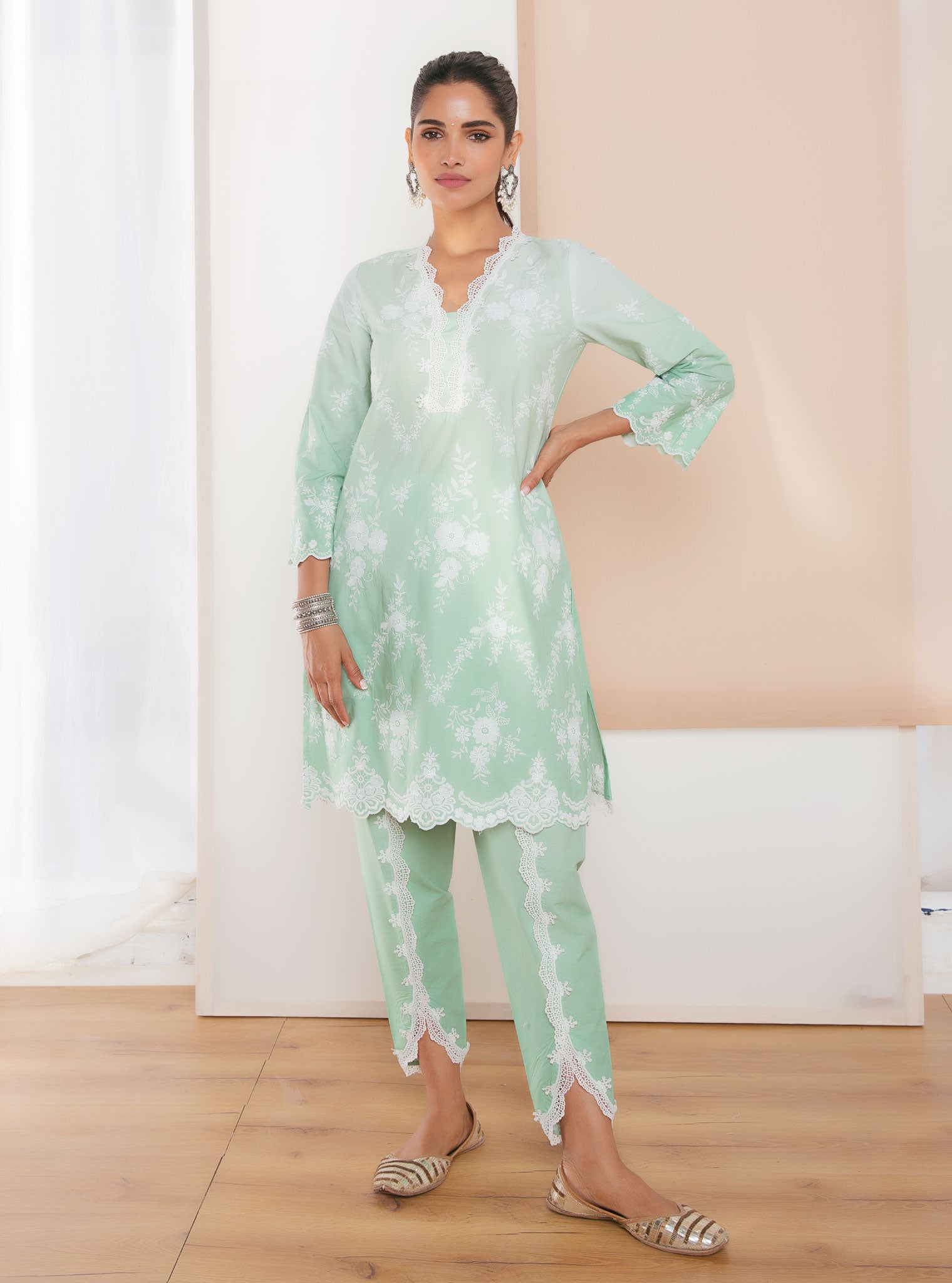 Mulmul Cotton Atrai Green Kurta With Atrai Green Dhoti Pant