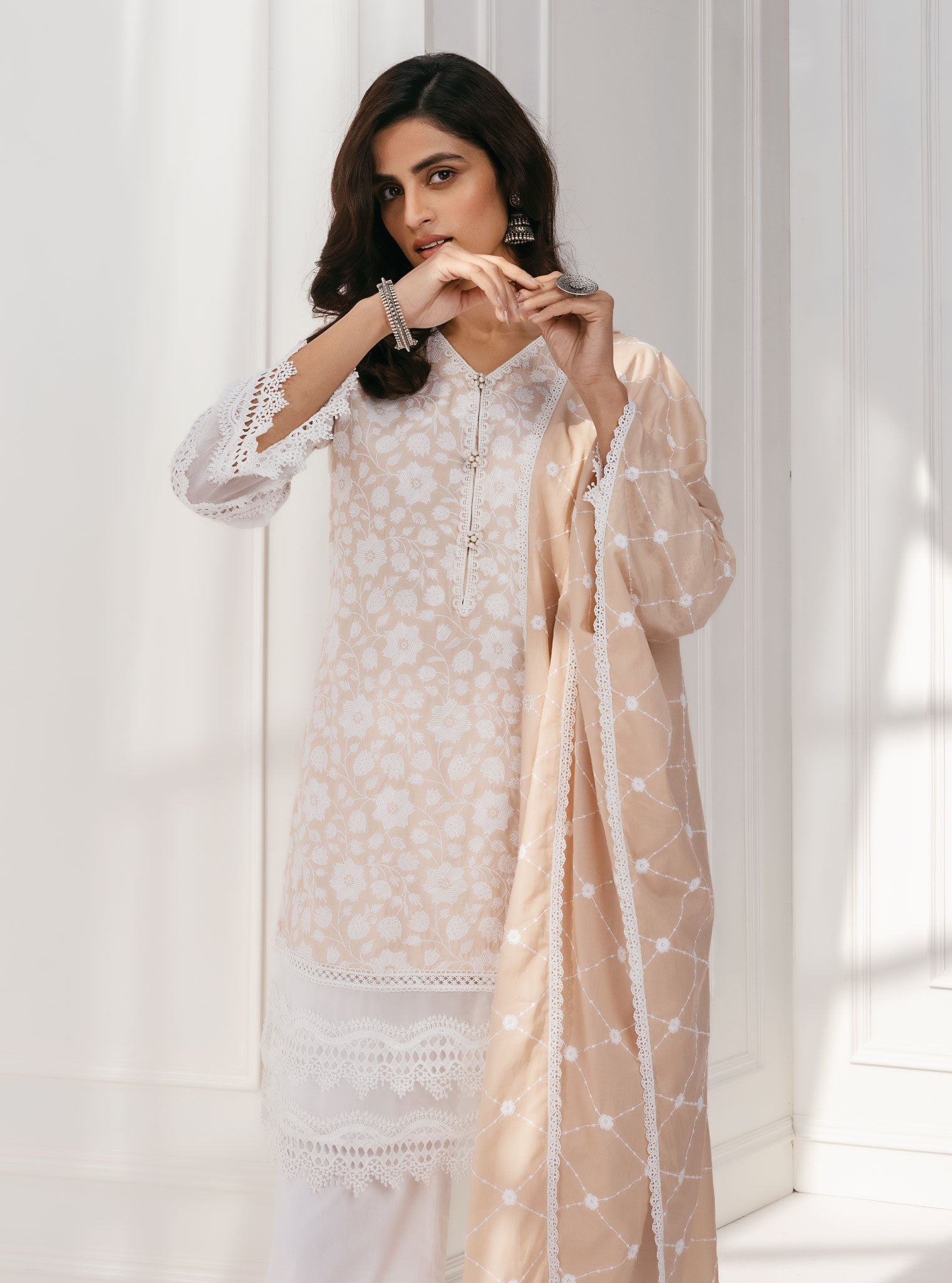 Mulmul Cotton Barog Beige Kurta With Rattan Lace White Palazzo