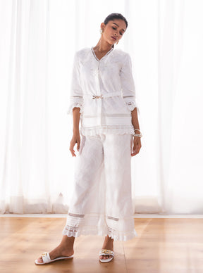 Mulmul Cotton Romily White Top With Romily White Culottes Pant