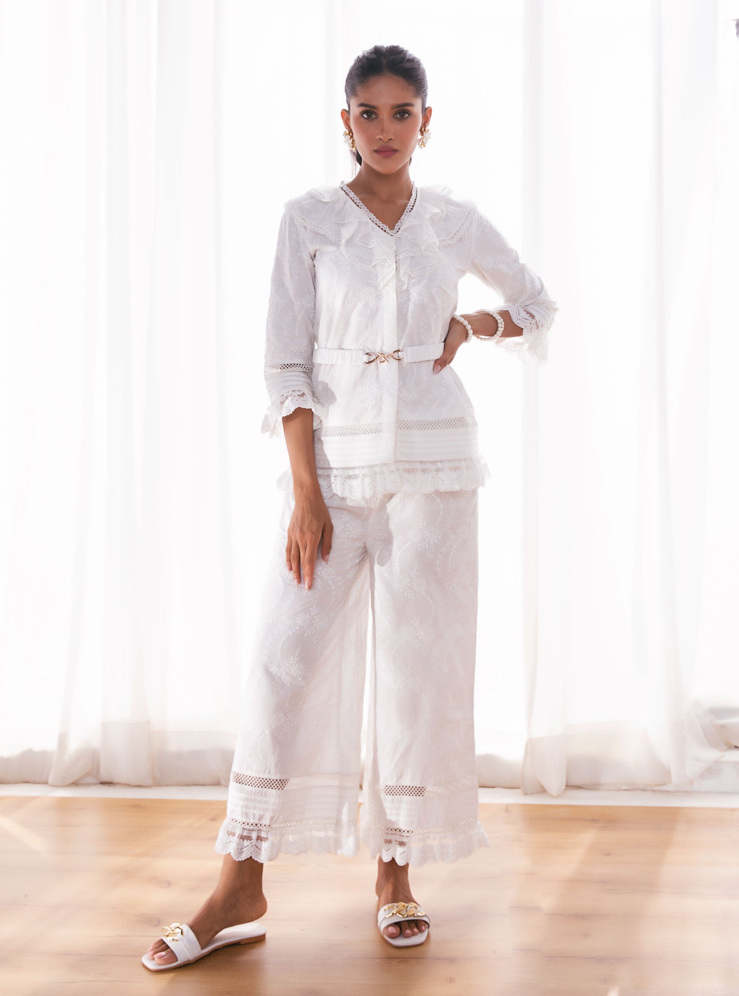 Mulmul Cotton Romily White Top With Romily White Culottes Pant