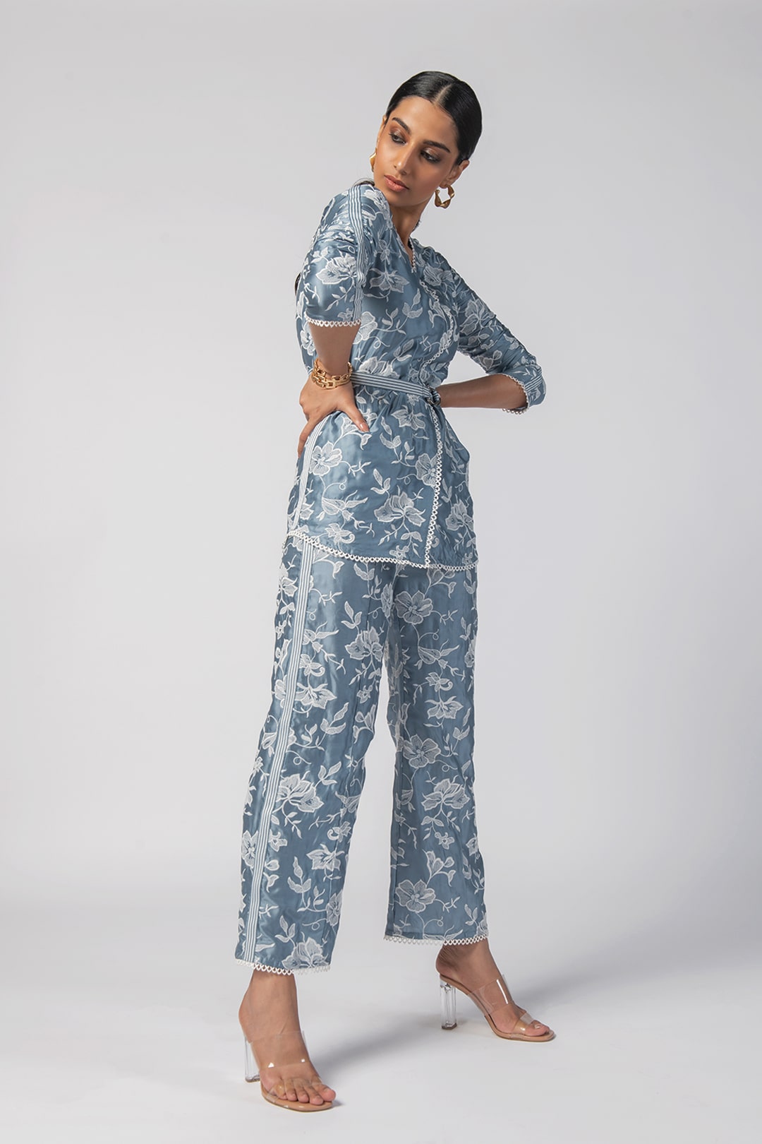 Mulmul Cupro Caroline Blue Top With Caroline Blue Pant Co-Ord Set