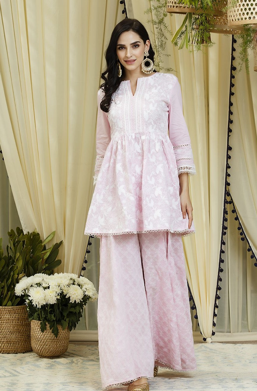 Mulmul Magnolia Pink Kurta - Full Sleeves With Embroidered Sharara