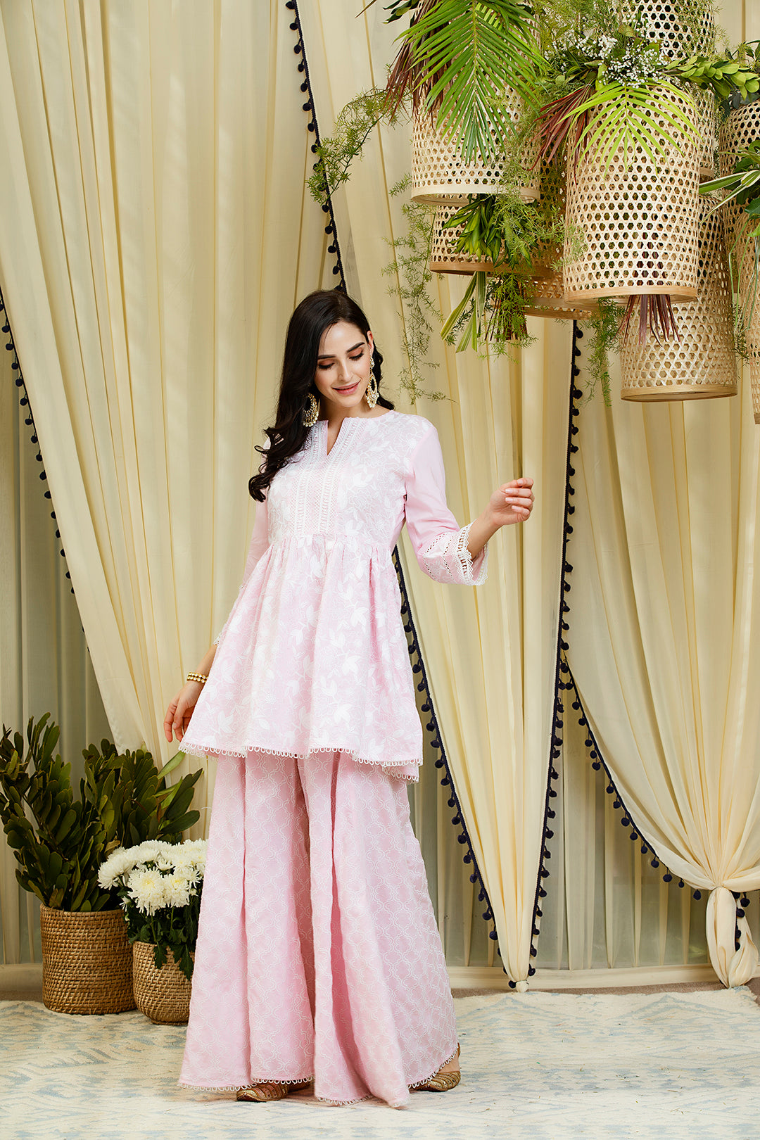 Mulmul Magnolia Pink Kurta - Full Sleeves With Embroidered Sharara