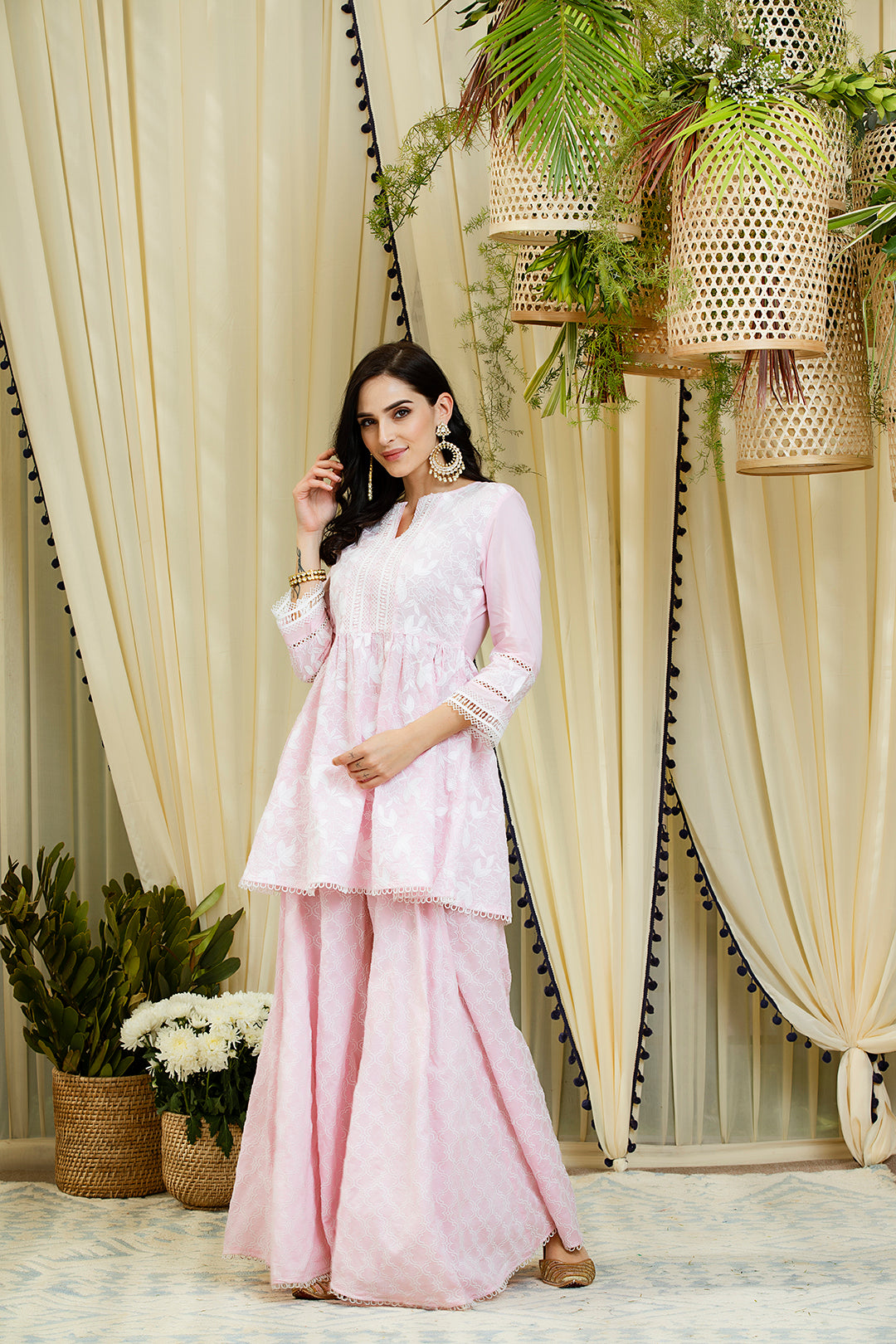 Mulmul Magnolia Pink Kurta - Full Sleeves With Embroidered Sharara