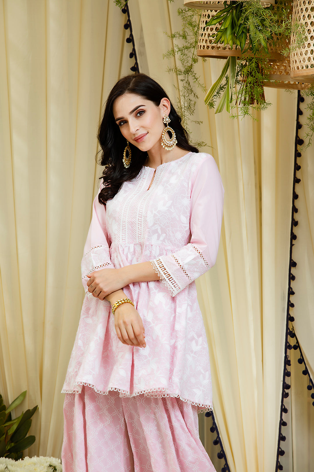 Mulmul Magnolia Pink Kurta - Full Sleeves With Embroidered Sharara
