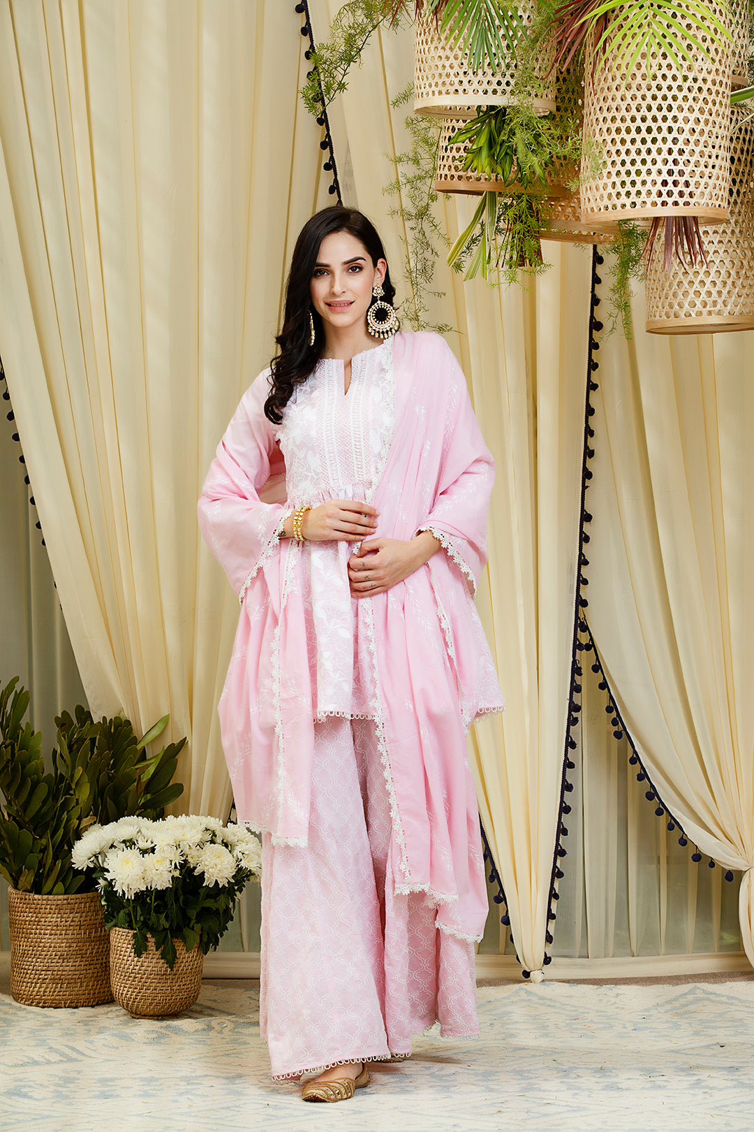 Mulmul Magnolia Pink Kurta - Full Sleeves With Embroidered Sharara