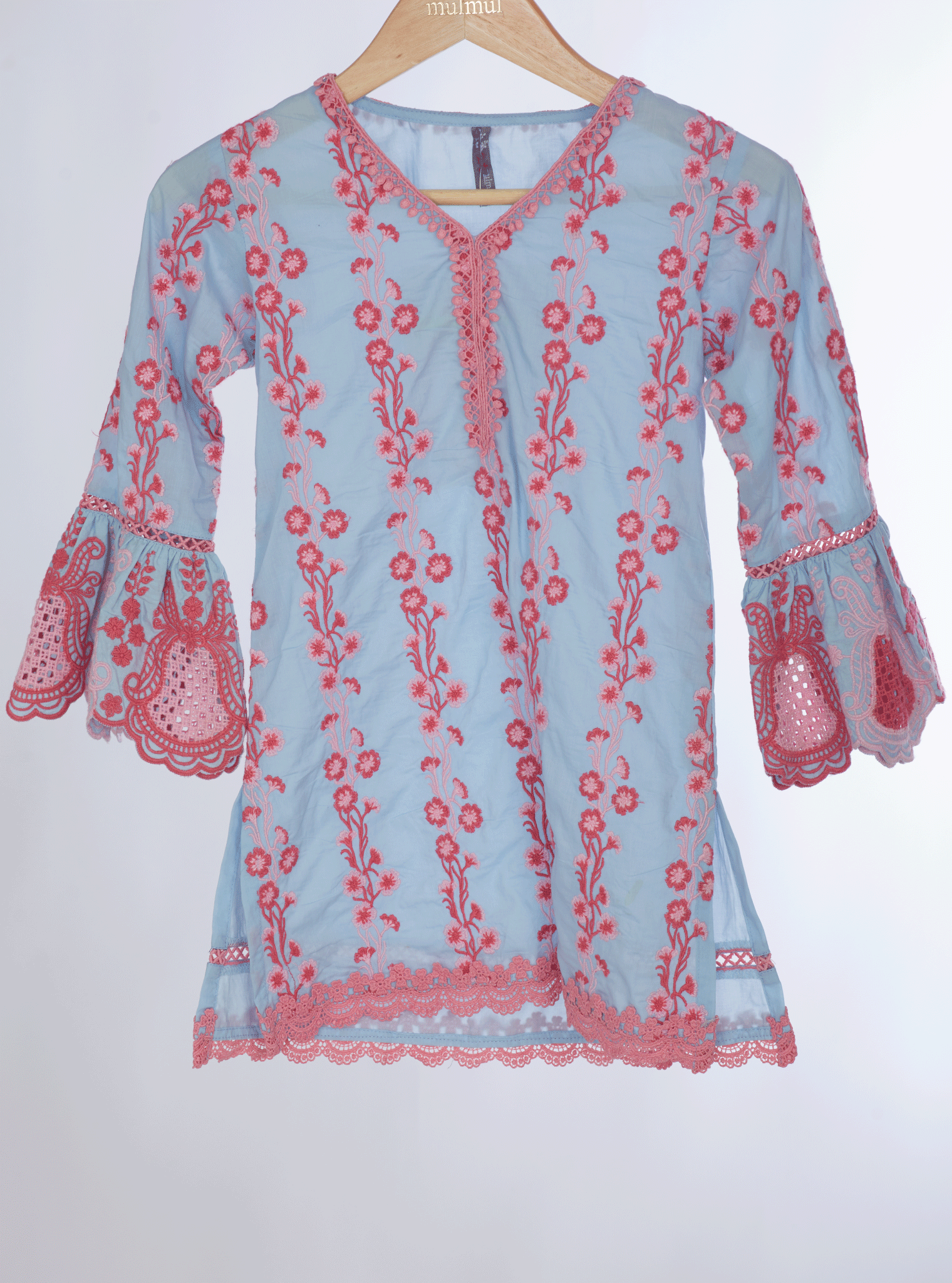 Mulmul Cotton Cher Light Blue Kurta With Cher Light Blue Pant