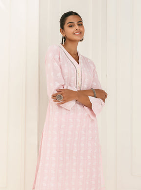 Mulmul Cotton Dharni Pink Kurta With Dharni Pink Pant