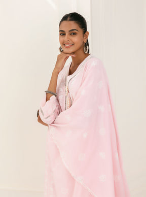 Mulmul Cotton Dharni Pink Kurta With Dharni Pink Pant