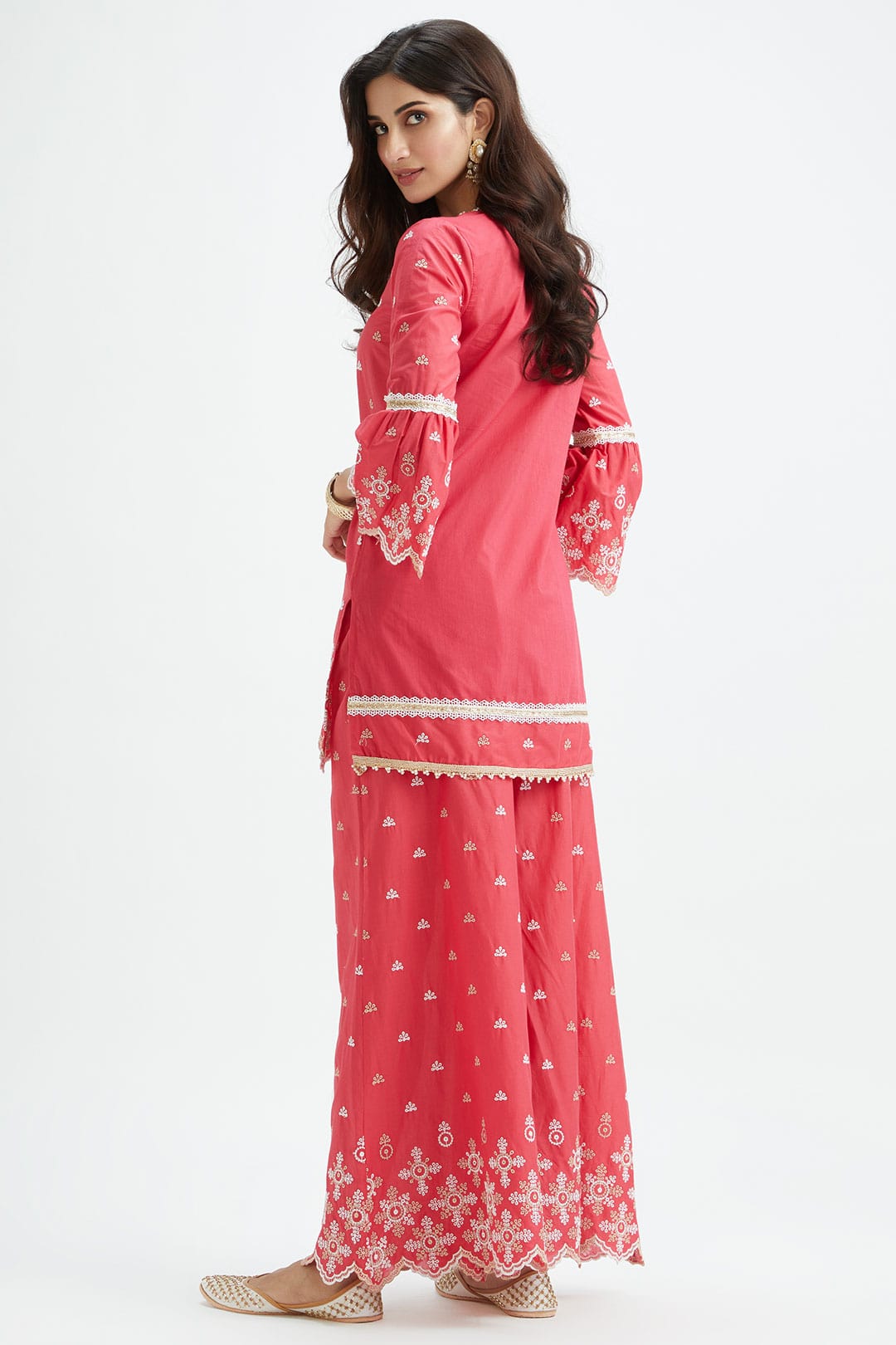 Mulmul Cotton Dove Red Kurta With Dove Red Sharara