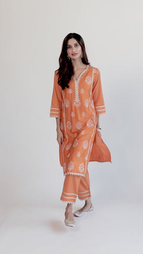 Mulmul Supima Satin Jane Orange Kurta With Jane Orange Pant