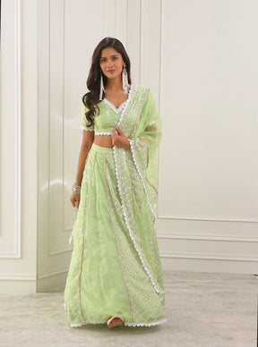Mulmul Keylong Green Organza Lehenga