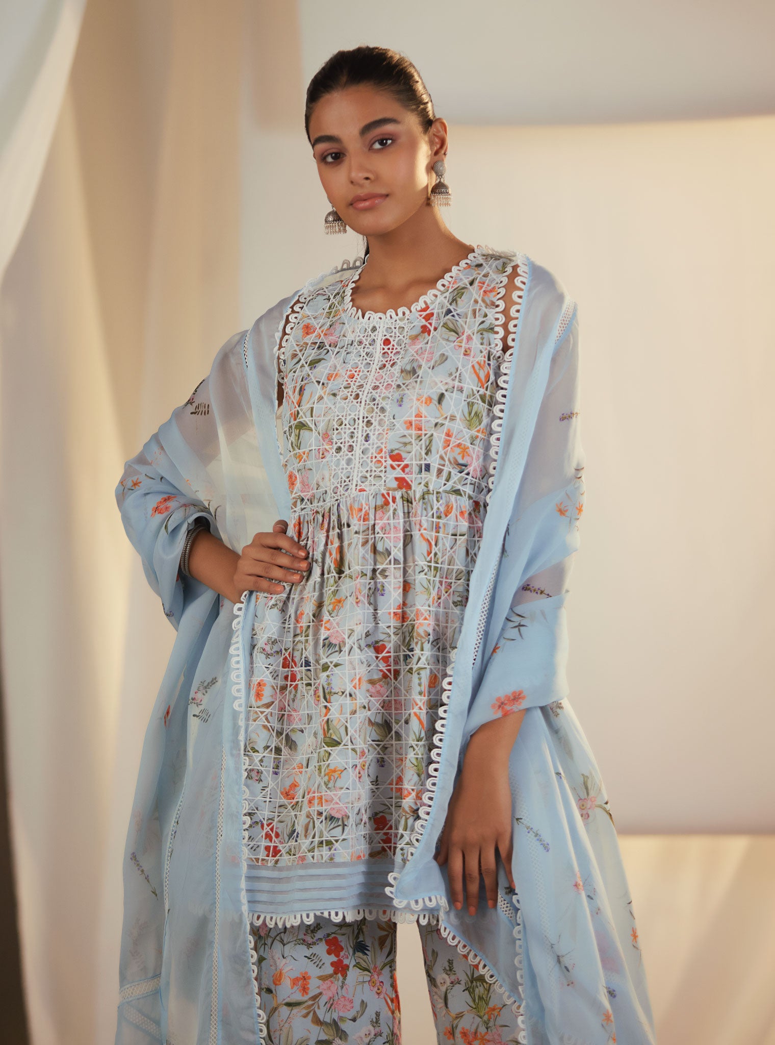 Mulmul Cotton Elora Blue Kurta With Elora Blue Bell Bottom Pant