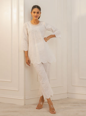 Mulmul Cotton Evelyn White Top With Evelyn White Bell Bottom
