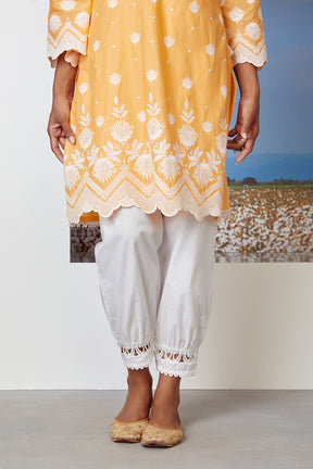 Mulmul Cotton Gardeencress Orange Kurta With New Harem White Pyajama