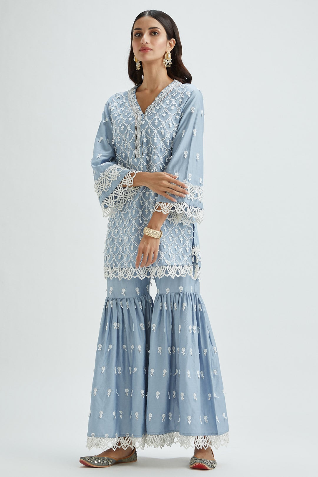 Mulmul Supima Satin Hayes Wedgewood Kurta With Hayes Wedgewood Pant