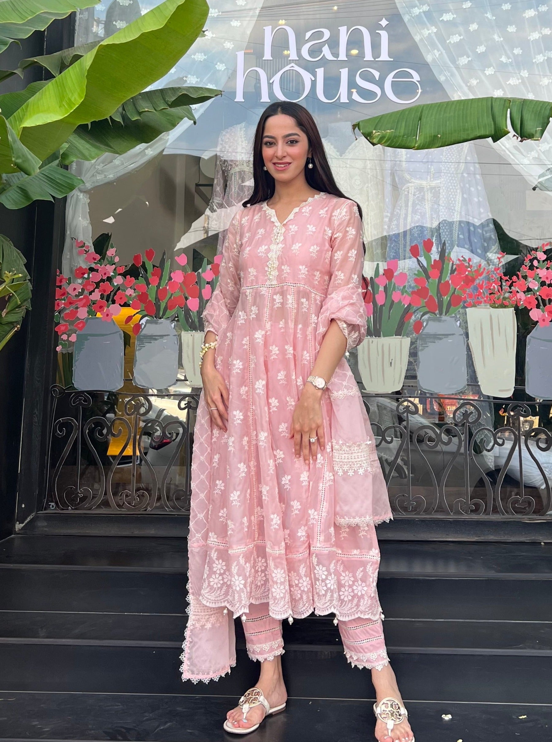 Mulmul Organza Anarkali Surla Pink Kurta With Mulmul Cotton Surla Pink Pant