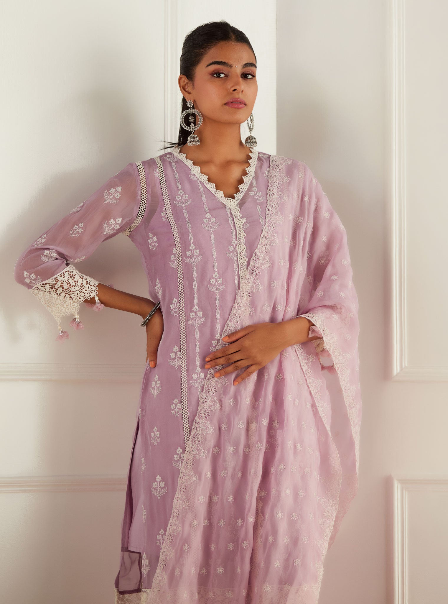 Mulmul Organza Jolene Lilac Kurta With Cotton Jolene Lilac Pant