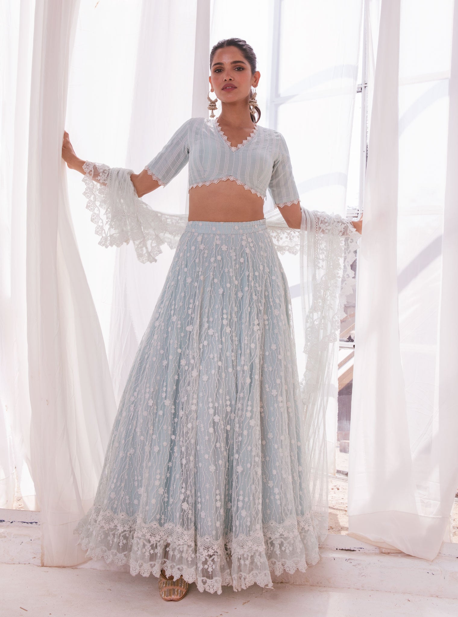 Mulmul Kasauli Blue Net Lehenga