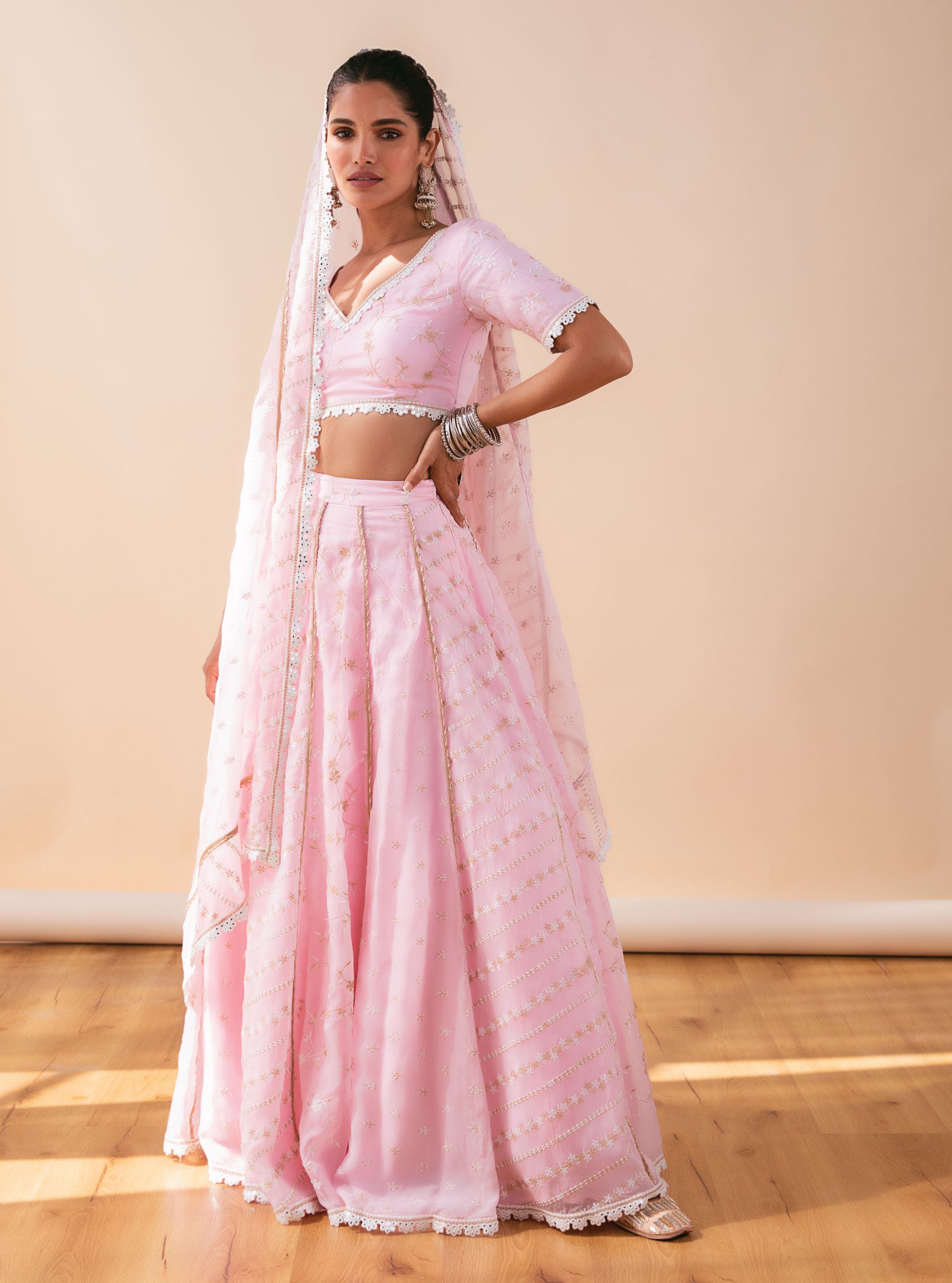 Mulmul Keylong Pink Organza Lehenga