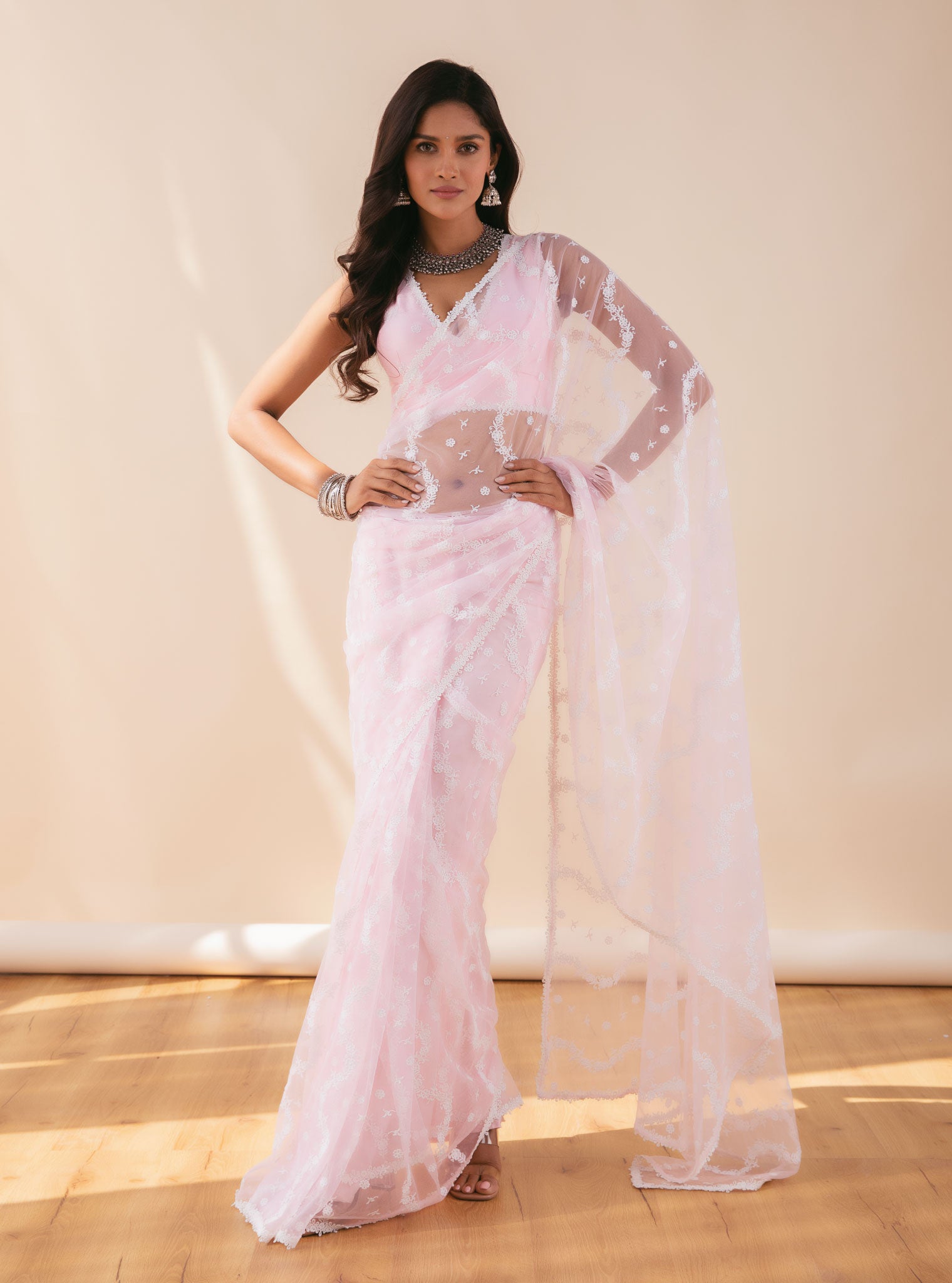 Mulmul Net Kolli Pink Saree