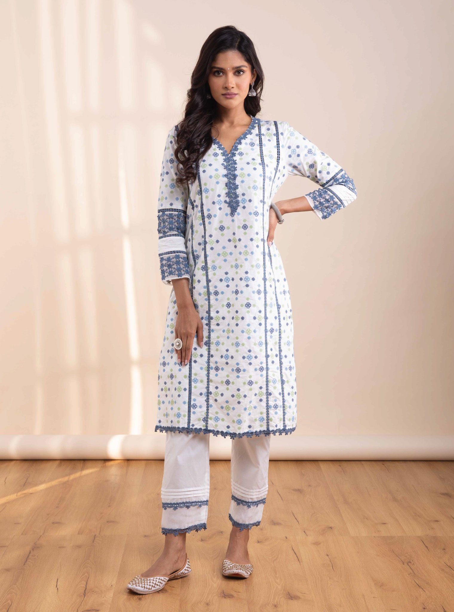 Mulmul Cotton Layla White Kurta With Layla White Pant