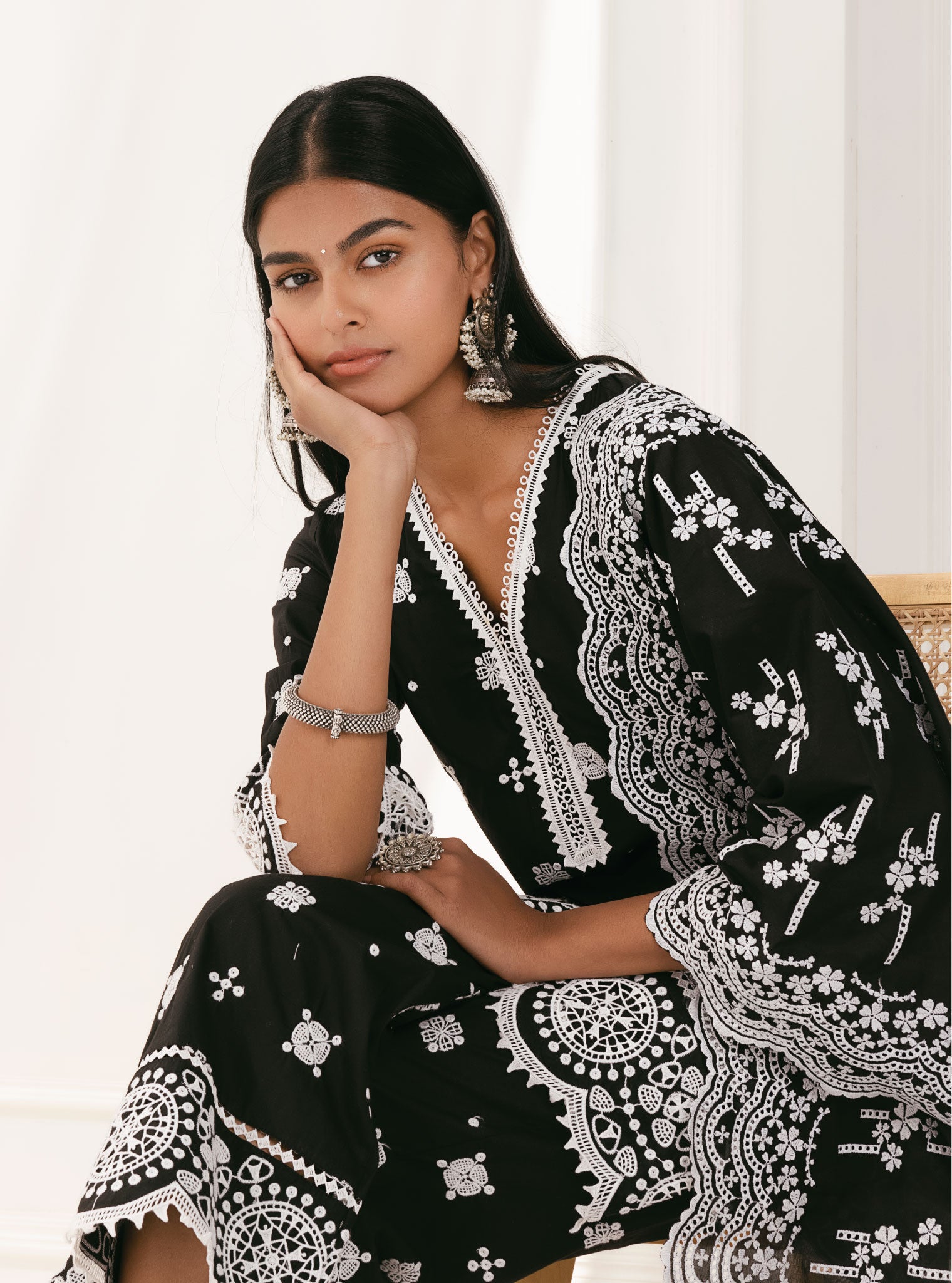 Mulmul Cotton Leh Black Kurta