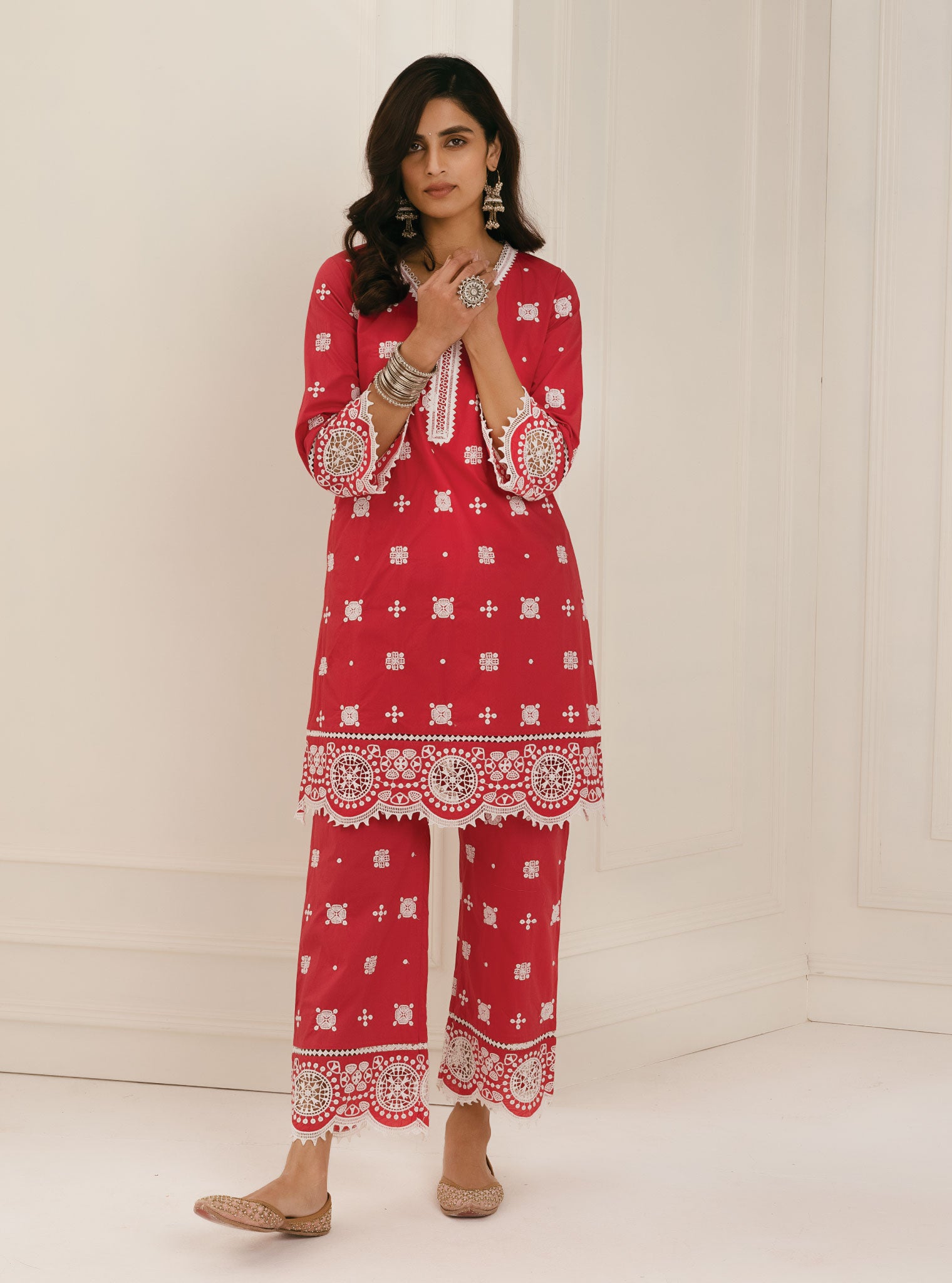 Mulmul Cotton Leh Red Palazzo