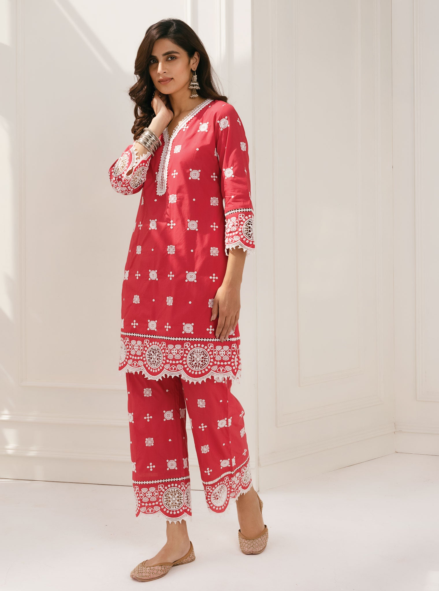 Mulmul Cotton Leh Red Kurta With Leh Red Palazzo