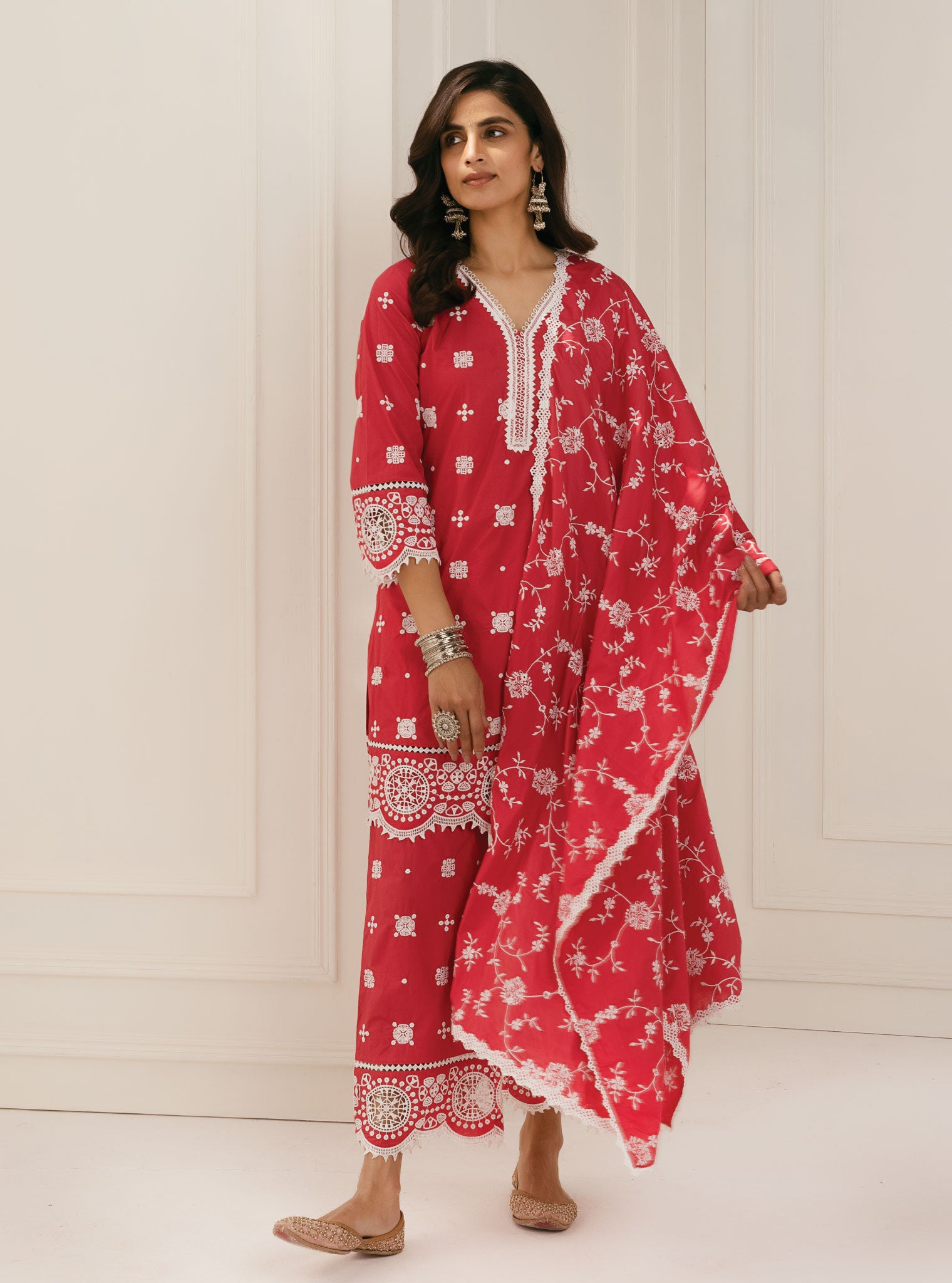 Mulmul Cotton Leh Red Kurta With Leh Red Palazzo