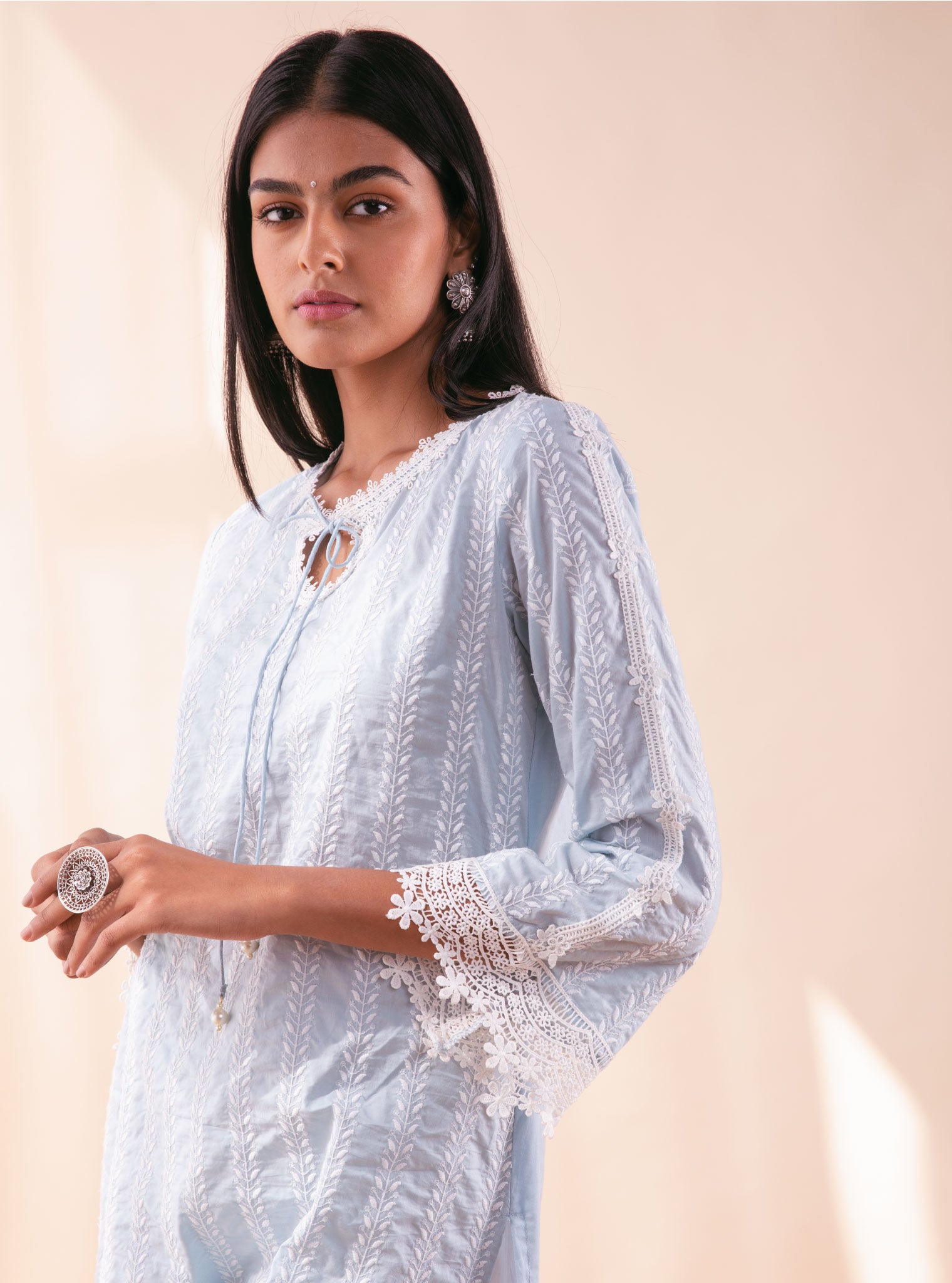 Mulmul Cotton Nina Light Blue Kurta With Broad Lace Insert White Pyajama