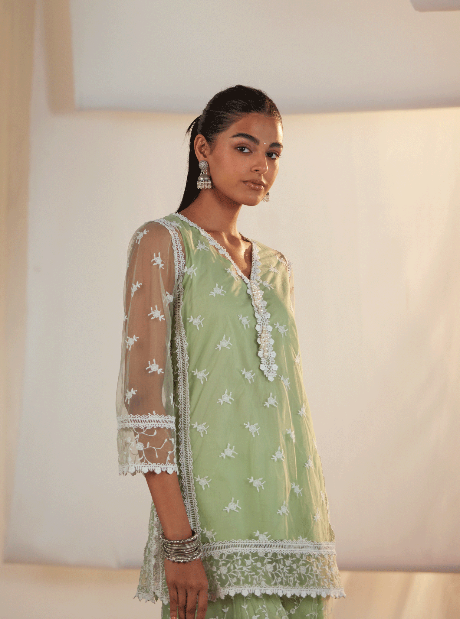 Mulmul Net Odyssey Green Kurta With Odyssey Green Sharara