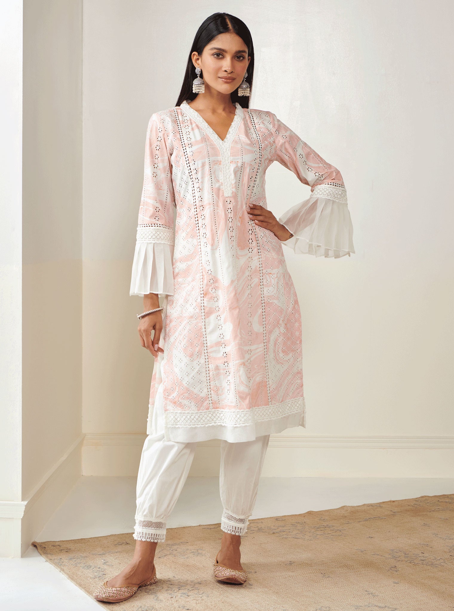 Mulmul Cotton Ollin Pink Kurta With Mulmul Cotton Harem White Pant