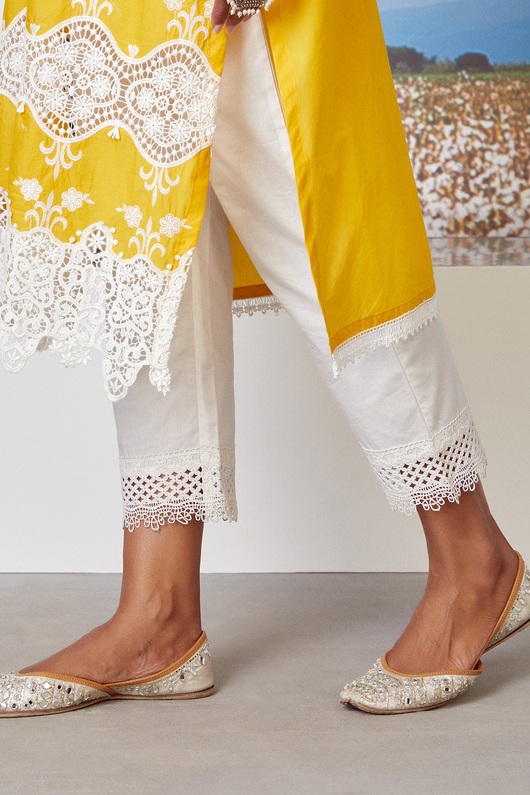 Mulmul Cotton Paradise Kurta Mango With Sage Pyajama White