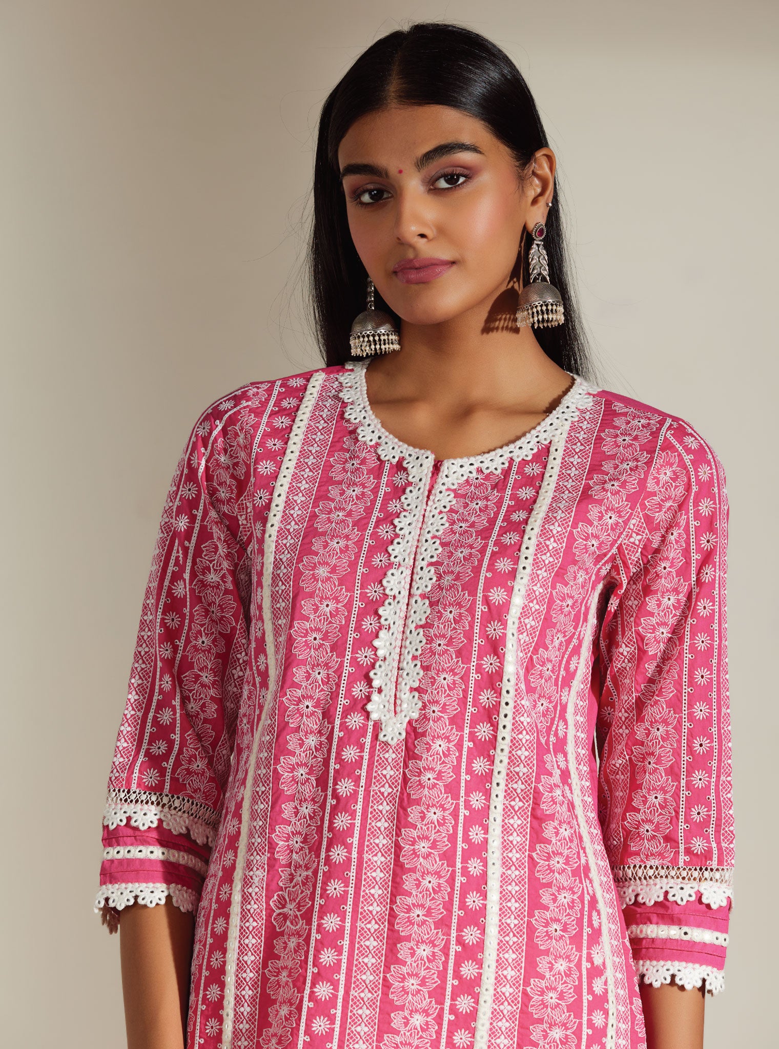 Mulmul Cotton Patricia Pink Kurta with Mulmul Cotton Mirror Gota White Pant