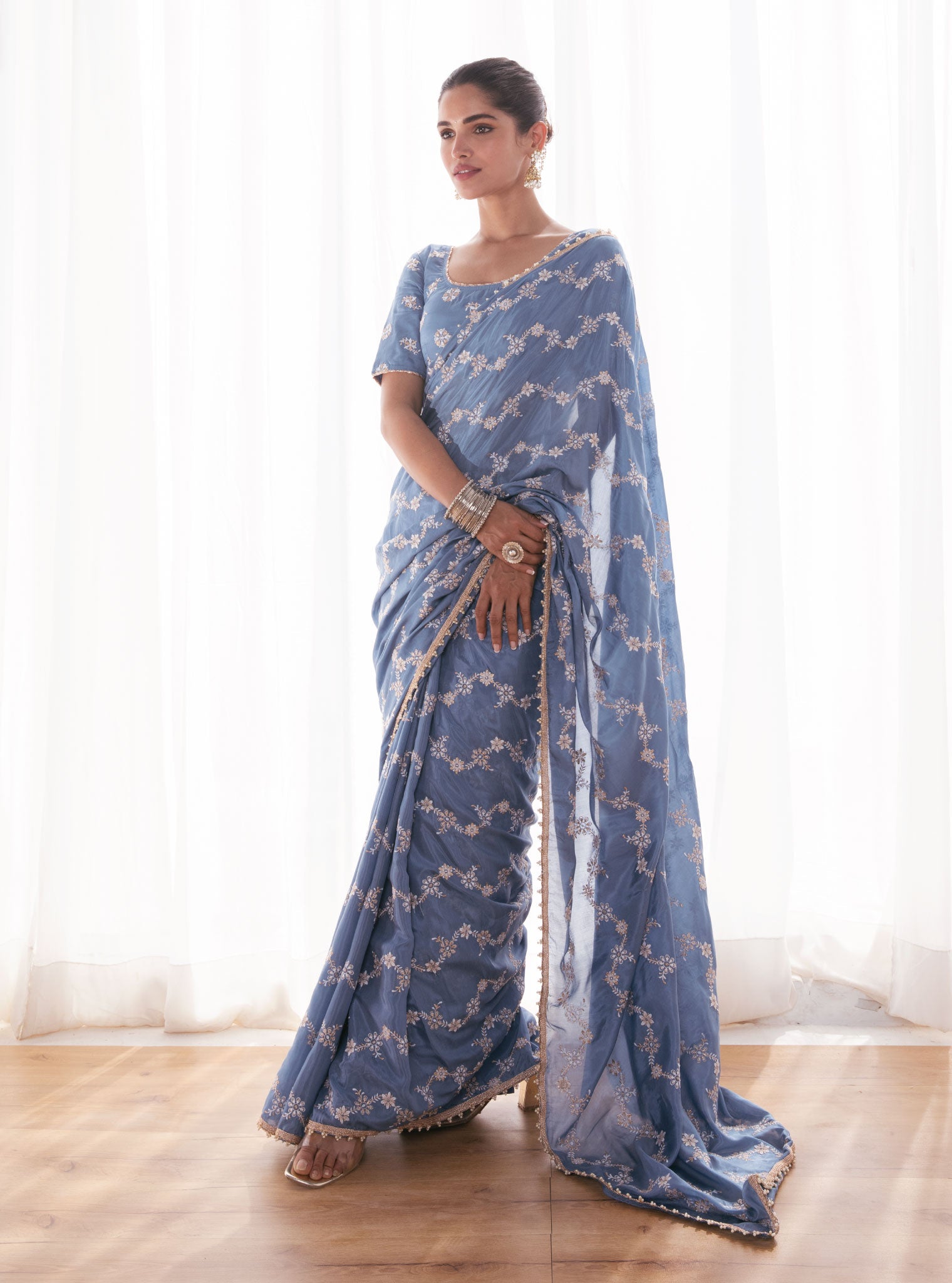 Mulmul Japanese Silk Pelling Blue Saree