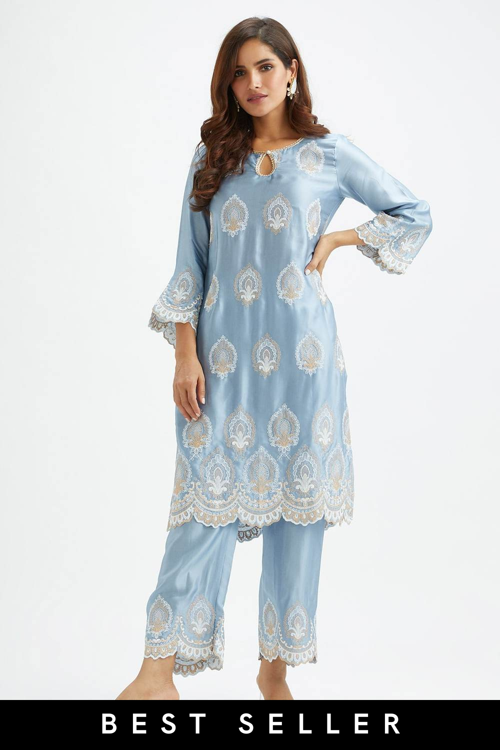 Mulmul Cupro silk Sydney Blue Kurta With Sydney Blue Pant