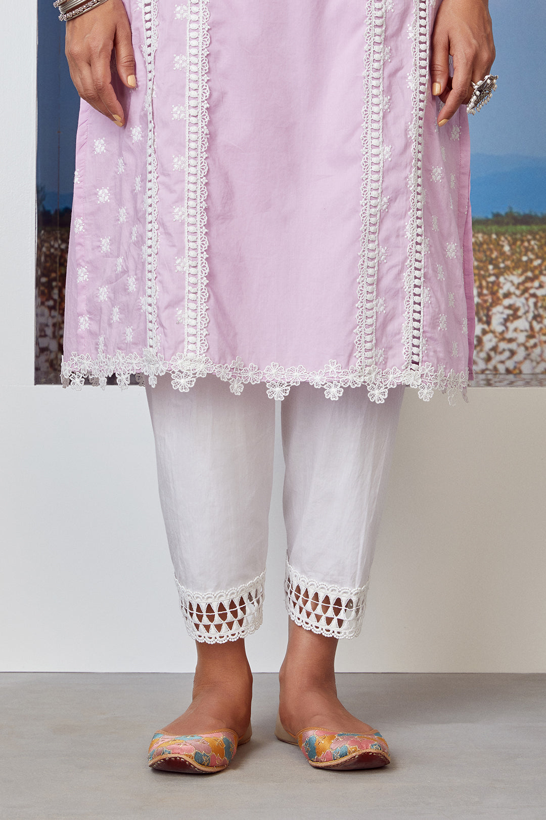 Mulmul Cotton Poetry Lilac Kurta With Slim Salwar White