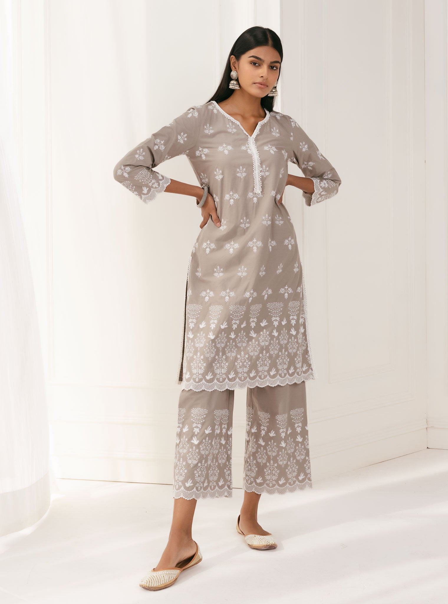 Mulmul Cotton Prini Grey Kurta With Prini Grey Palazzo