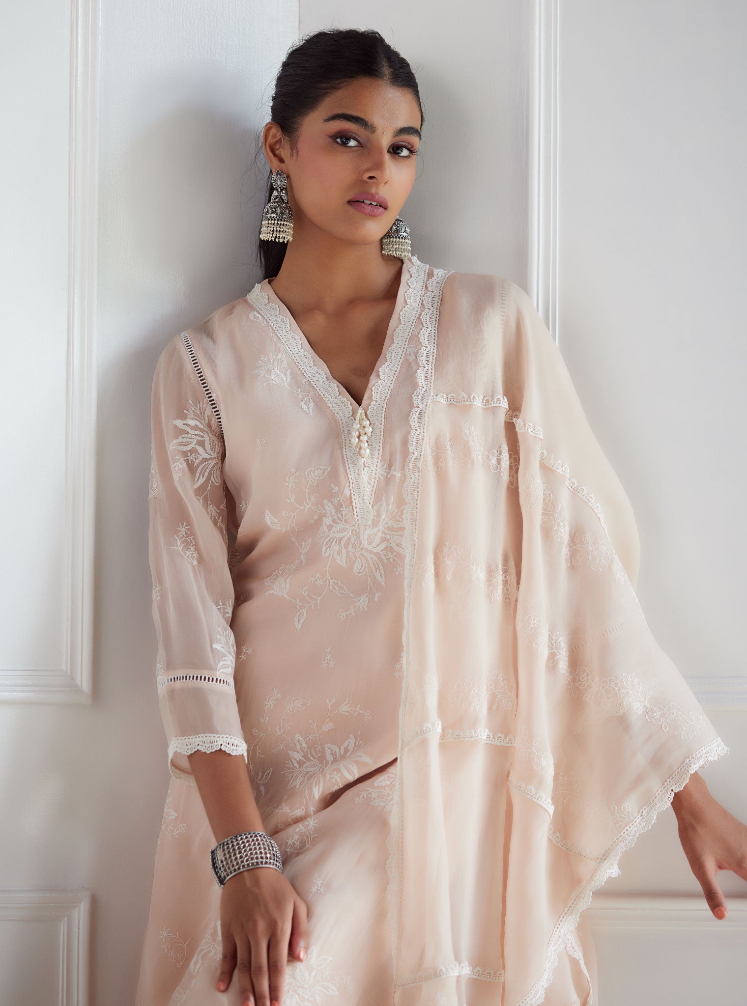 Mulmul Organza Sarah Beige Kurta With Cotton Sarah Beige Pant