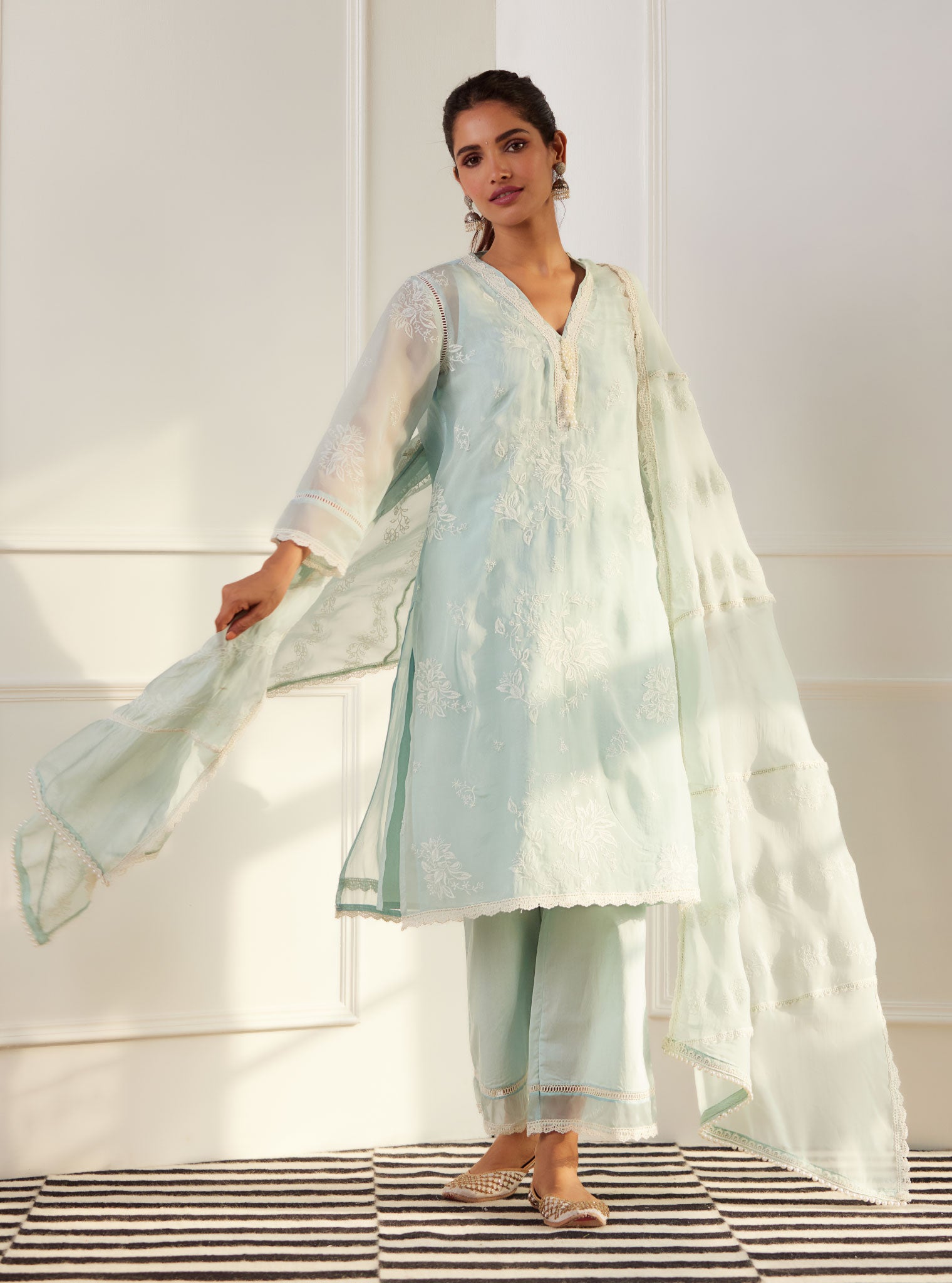 Mulmul Organza Sarah Light Blue Kurta With Cotton Sarah Light Blue Pant